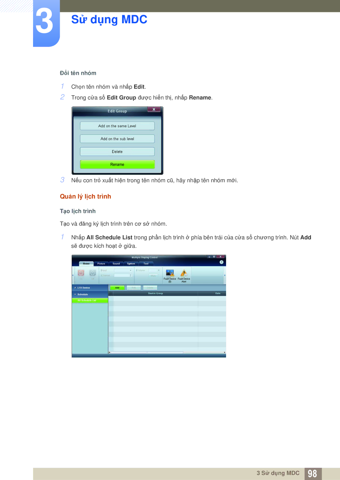 Samsung LH40MEBPLGC/XY, LH46MEBPLGC/XY, LH55MEBPLGC/XY, LH55MEBPLGC/XS manual Quản lý lịch trình, Đổi tên nhóm, Tạo lịch trình 