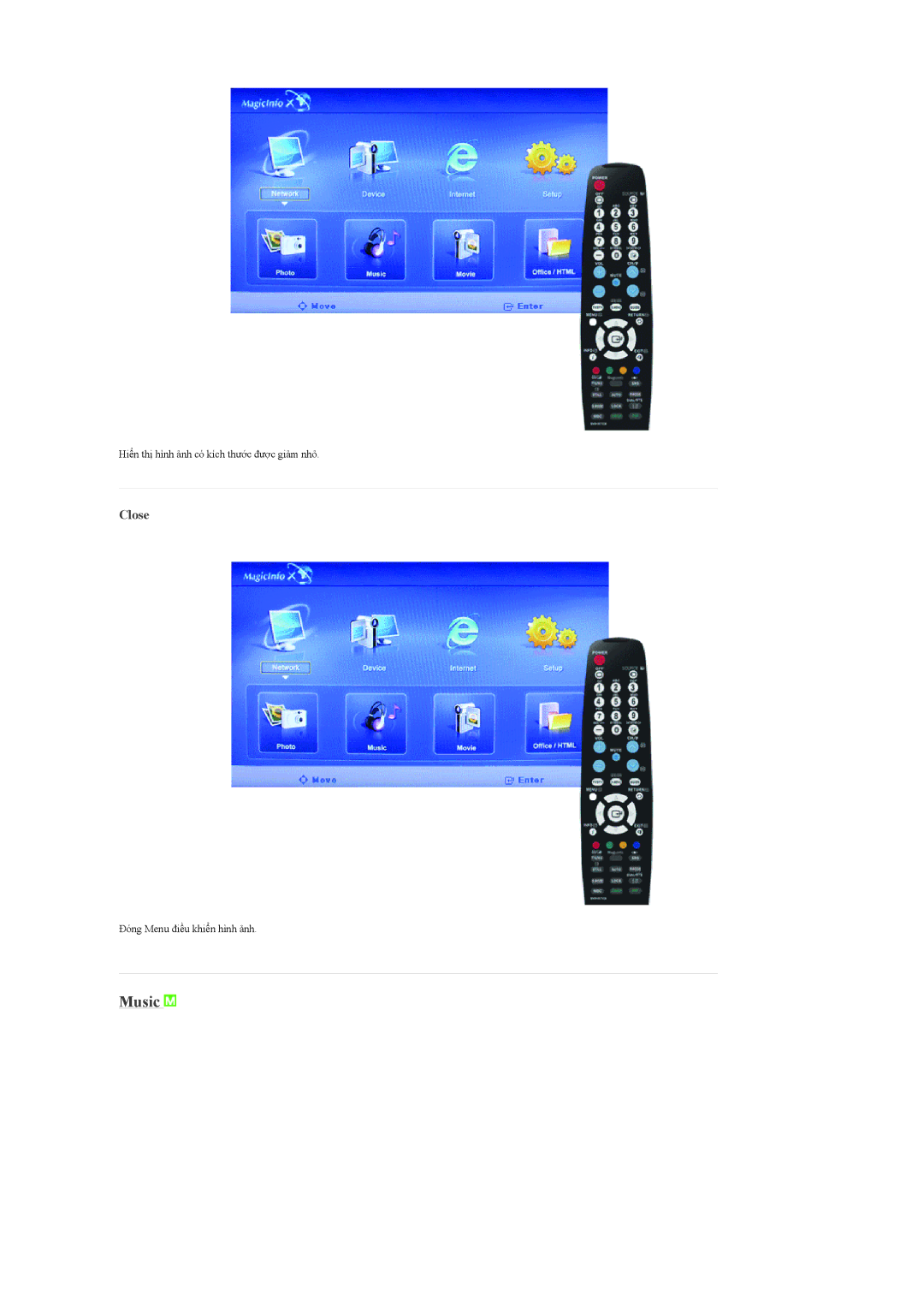 Samsung LH40MGPLBC/XV, LH40MGTLBC/XV, LH46MGPLBC/XV, LH46MGTLBC/XV manual Music, Close 