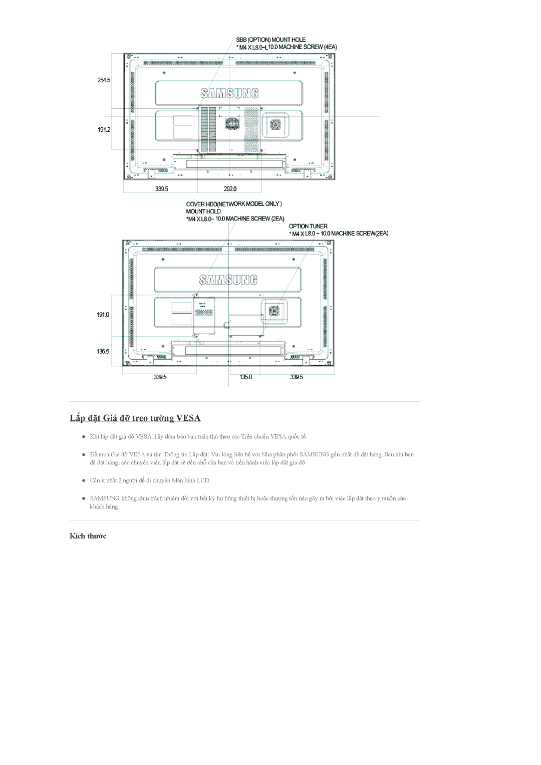 Samsung LH46MGTLBC/XV, LH40MGPLBC/XV, LH40MGTLBC/XV, LH46MGPLBC/XV manual Lắp đặt Giá đỡ treo tường Vesa, Kích thước 