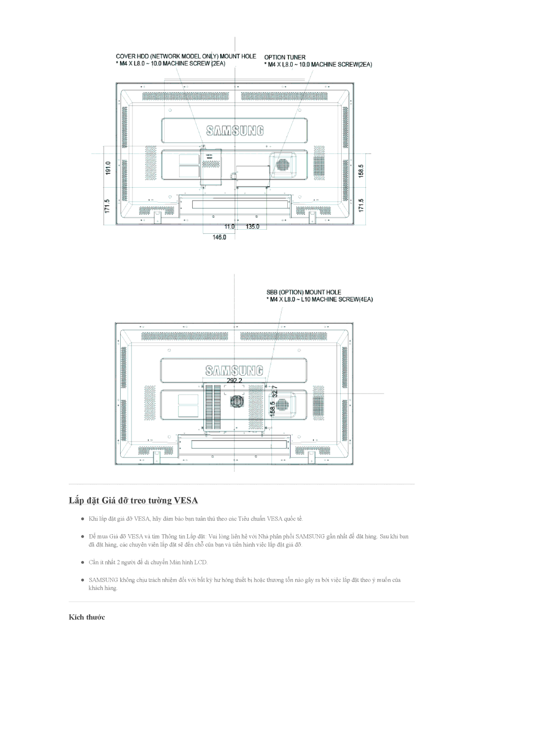 Samsung LH46MGPLBC/XV, LH40MGPLBC/XV, LH40MGTLBC/XV, LH46MGTLBC/XV manual Lắp đặt Giá đỡ treo tường Vesa 