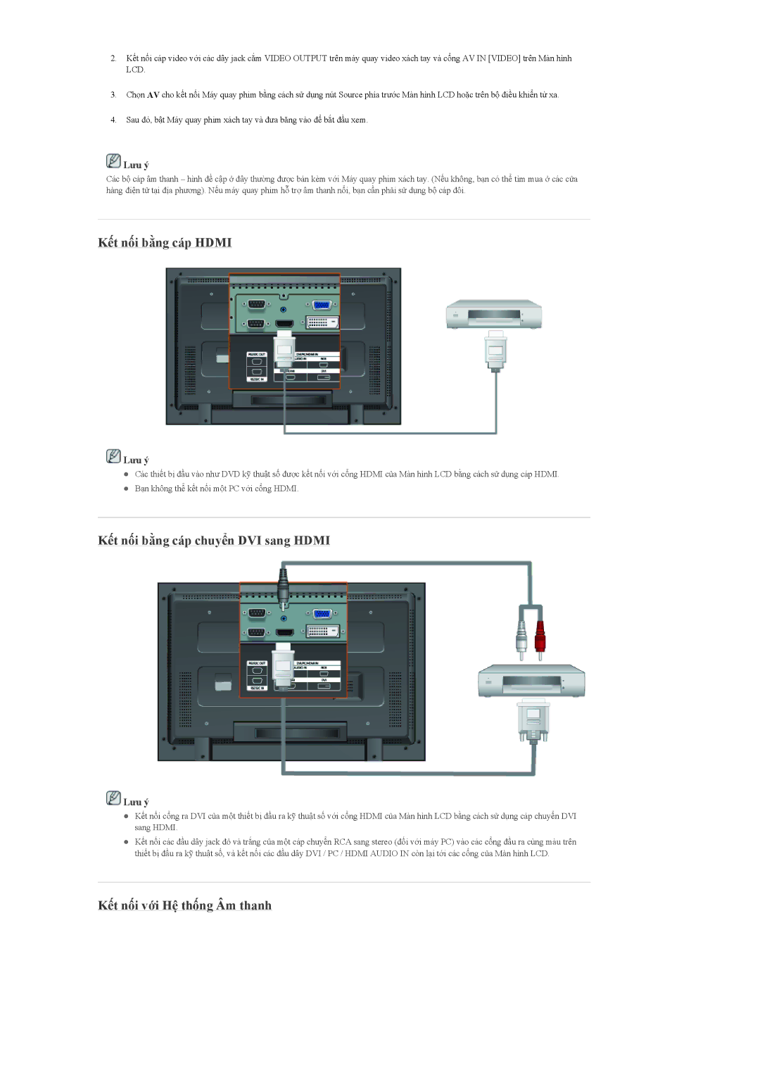 Samsung LH46MGTLBC/XV manual Kết nối bằng cáp Hdmi, Kết nối bằng cáp chuyển DVI sang Hdmi, Kết nối với Hệ thống Âm thanh 