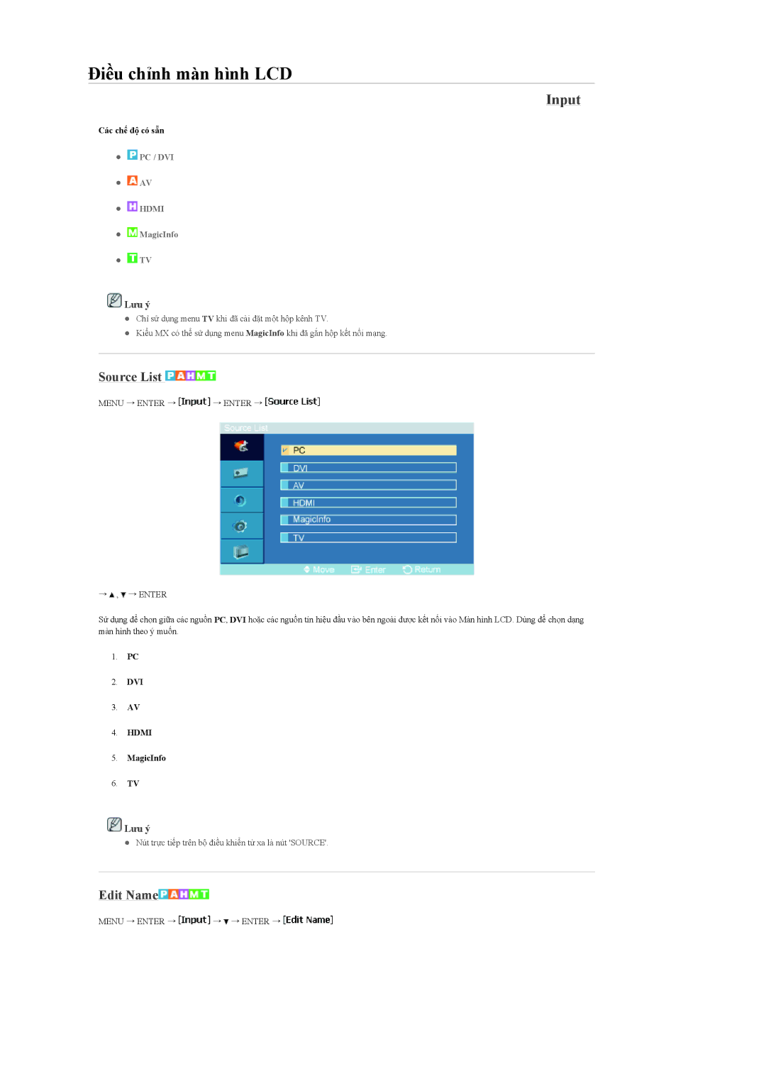 Samsung LH40MGTLBC/XV, LH40MGPLBC/XV, LH46MGPLBC/XV, LH46MGTLBC/XV manual Input, Source List, Edit Name 