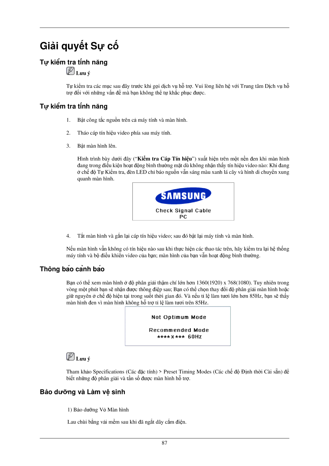 Samsung LH40MGPLBC/XV, LH40MGTLBC/XV manual Tựkiêm̉ tra tinh́ năng, Thông baó canh̉ baó, Bảo dưỡng và Làm vệ sinh 