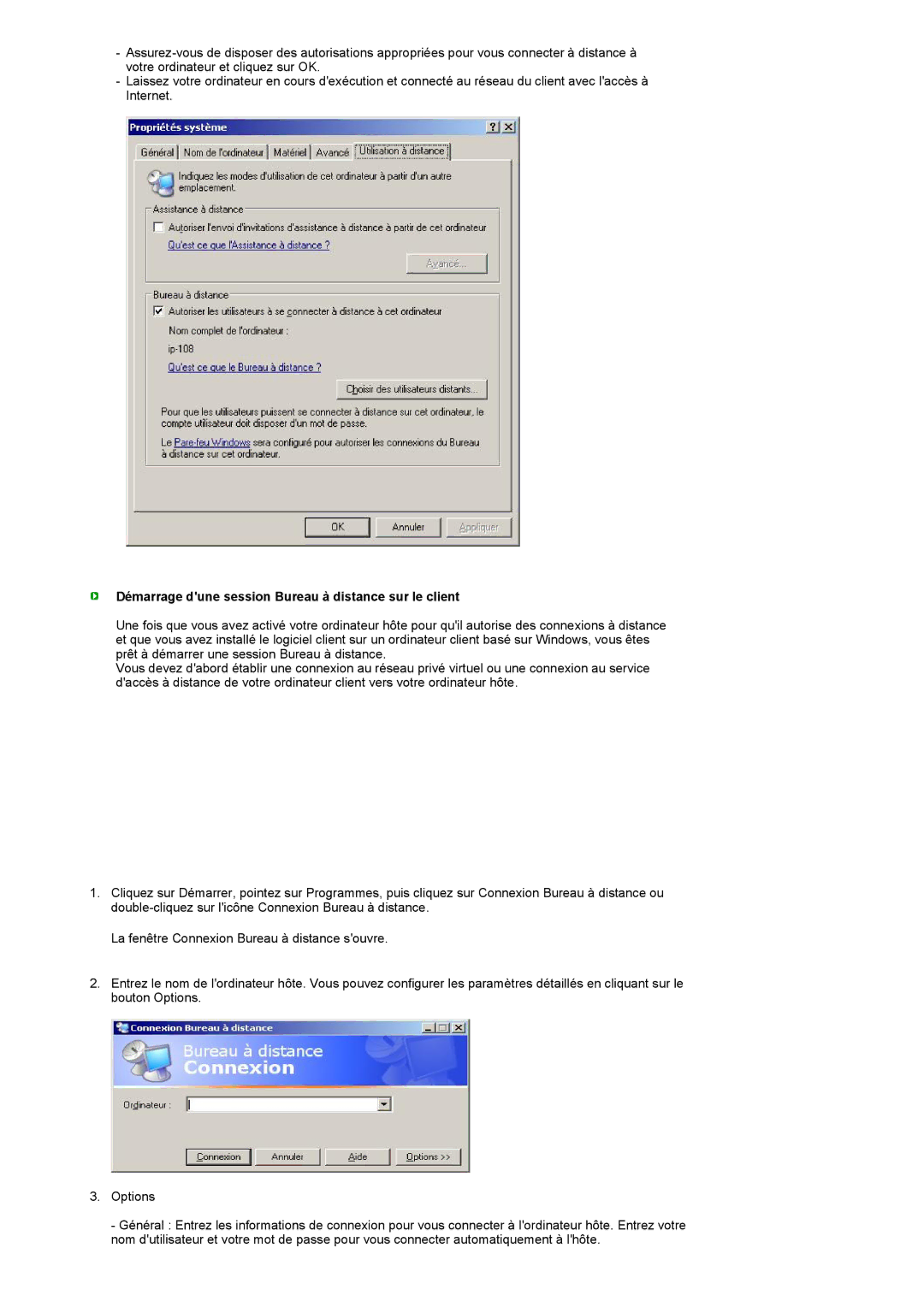 Samsung LF19TPTLSJ/EN, LH40MGPPBC/EN, LH40MGPLBC/EN, LF17TPTLSN/EDC Démarrage dune session Bureau à distance sur le client 