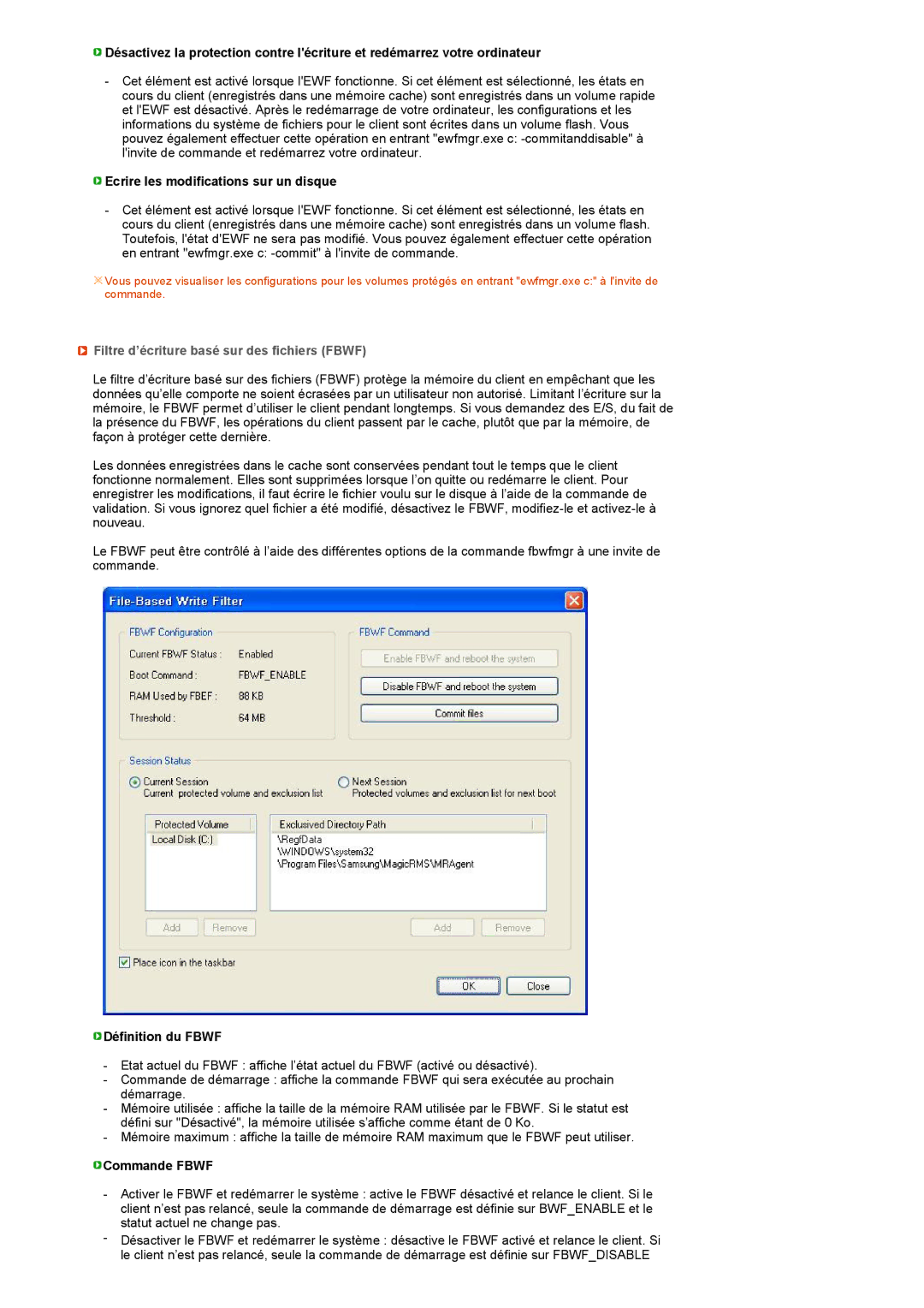 Samsung LH40MGPLBC/EN Ecrire les modifications sur un disque, Filtre d’écriture basé sur des fichiers Fbwf, Commande Fbwf 