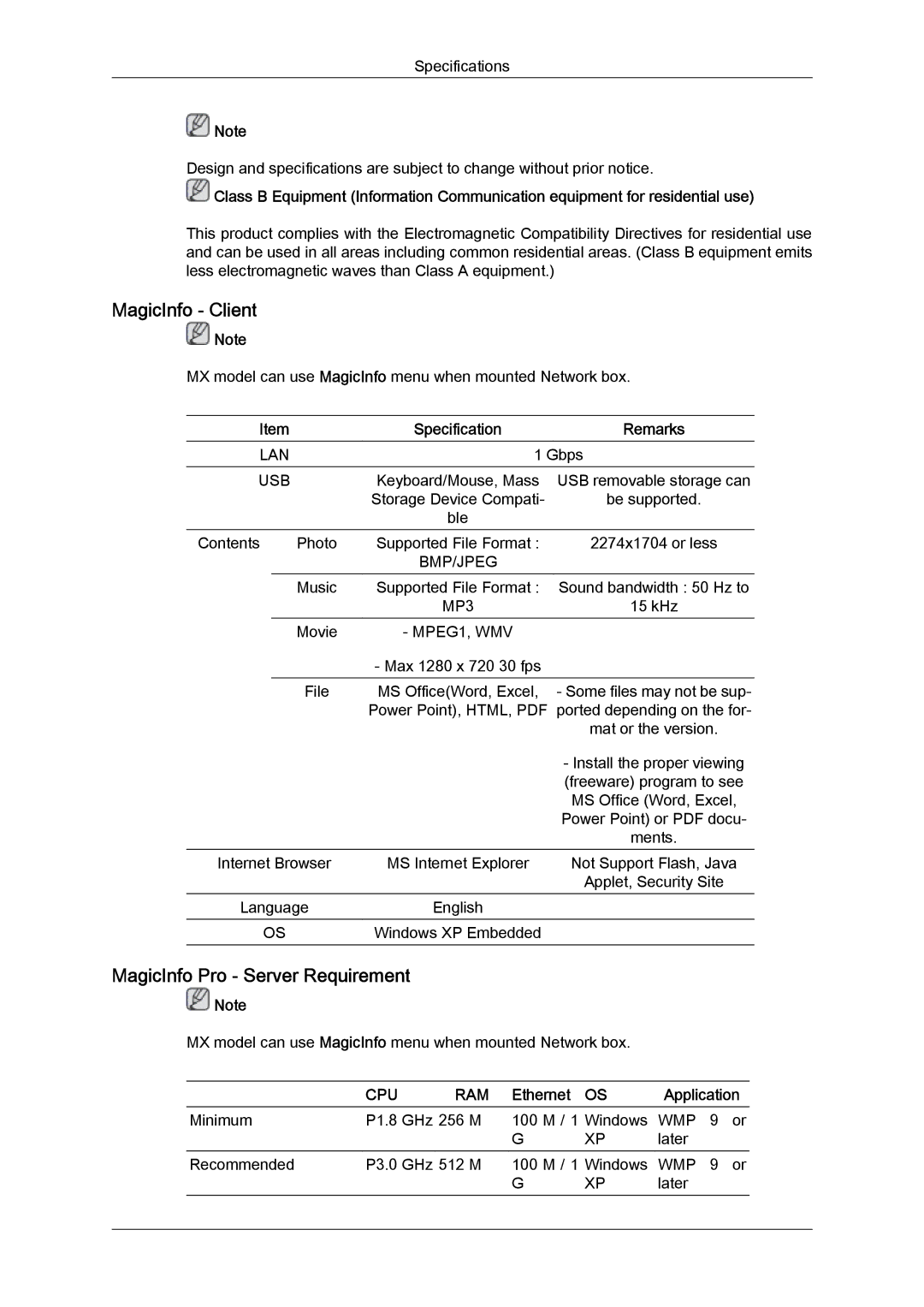 Samsung LH40MGTLBC/XV, LH40MGPPBC/EN, LH46MGPLBC/XJ manual MagicInfo Client, MagicInfo Pro Server Requirement, Ethernet 