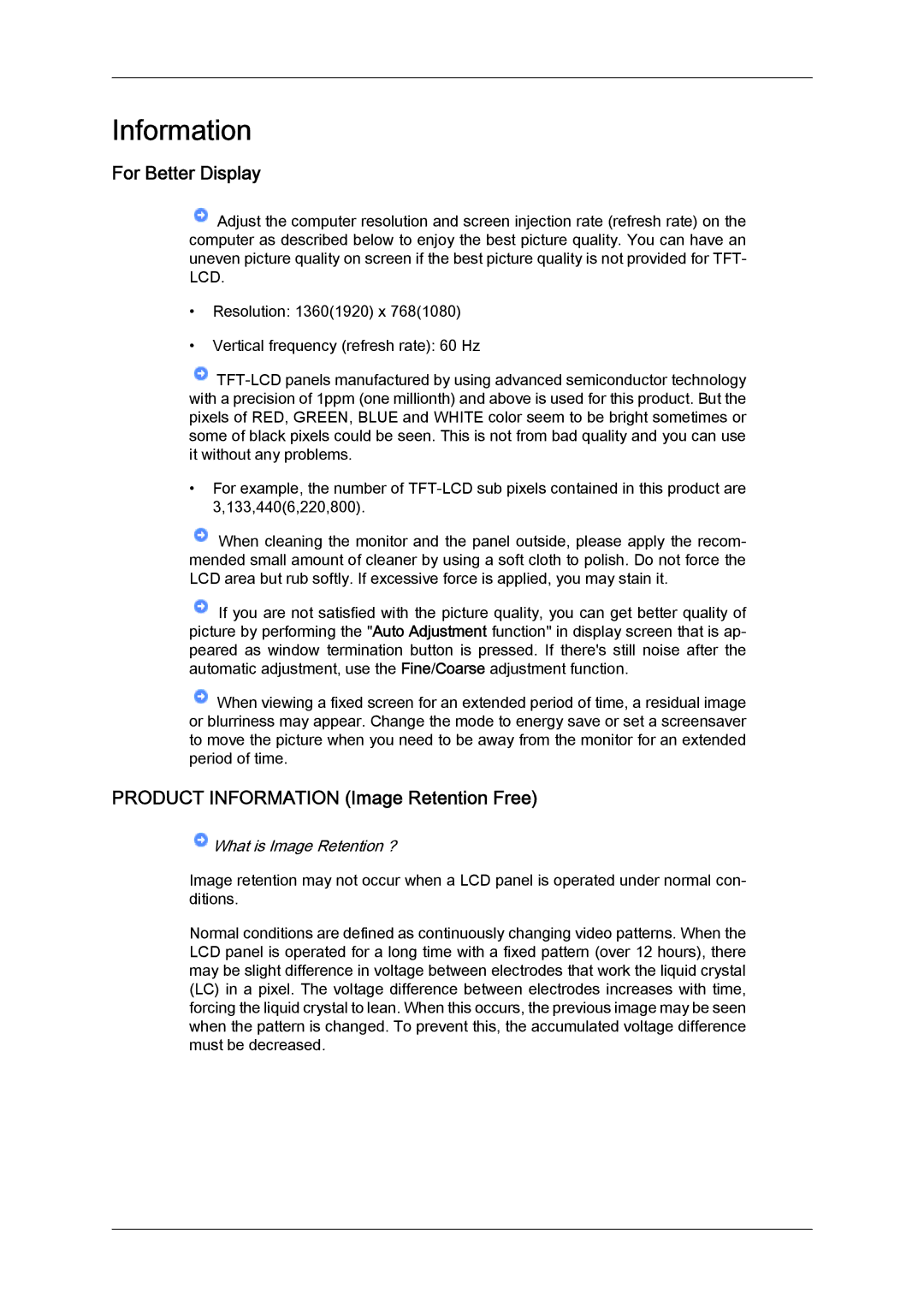 Samsung LH40MGPLBC/XY, LH40MGPPBC/EN, LH46MGPLBC/XJ manual For Better Display, Product Information Image Retention Free 