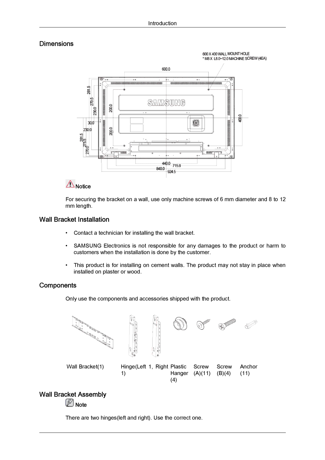 Samsung LH46MGTPBC/XJ, LH40MGPPBC/EN manual Dimensions, Wall Bracket Installation, Components, Wall Bracket Assembly 