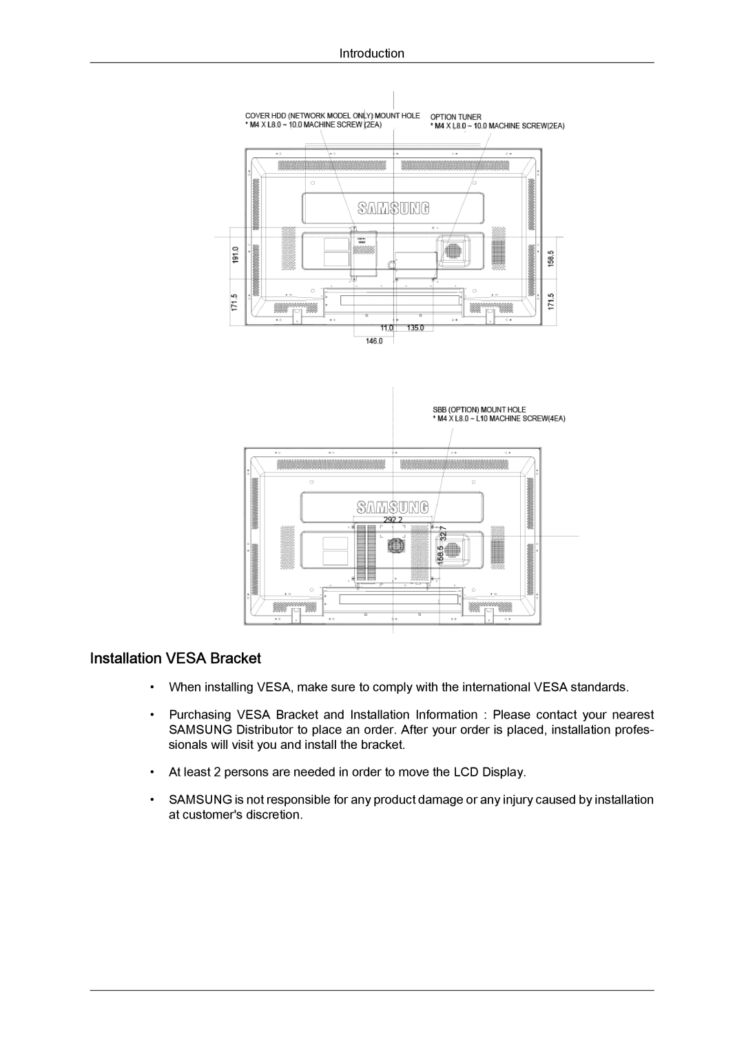 Samsung LH40MGTLBC/EN, LH40MGPPBC/EN, LH46MGPLBC/XJ, LH40MGTPBC/XJ, LH46MGTPBC/XJ, LH46MGTLBC/XJ Installation Vesa Bracket 