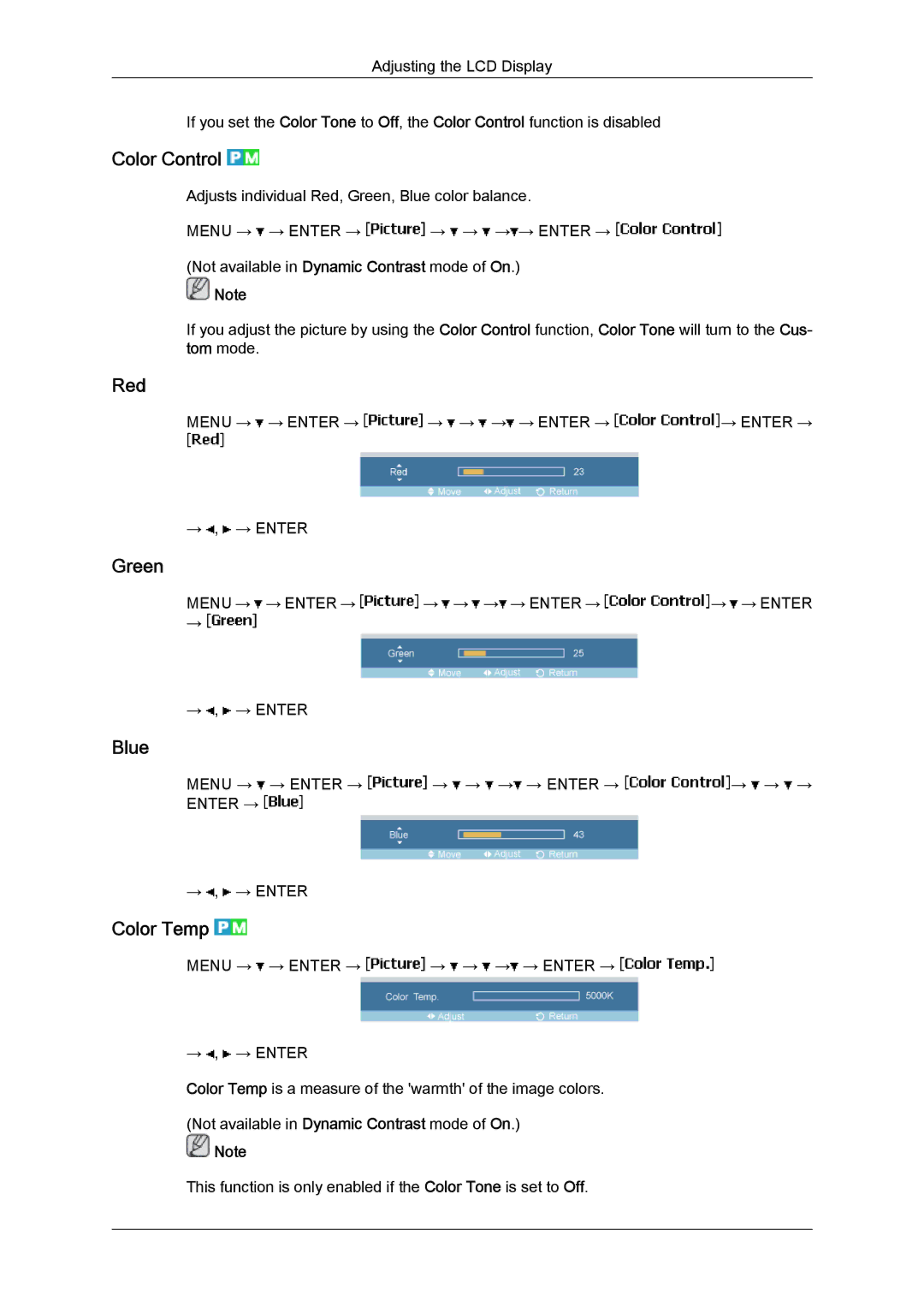 Samsung LH40MGPPBC/EN, LH46MGPLBC/XJ, LH40MGTPBC/XJ, LH46MGTPBC/XJ, LH46MGTLBC/XJ Color Control, Red, Green, Blue, Color Temp 