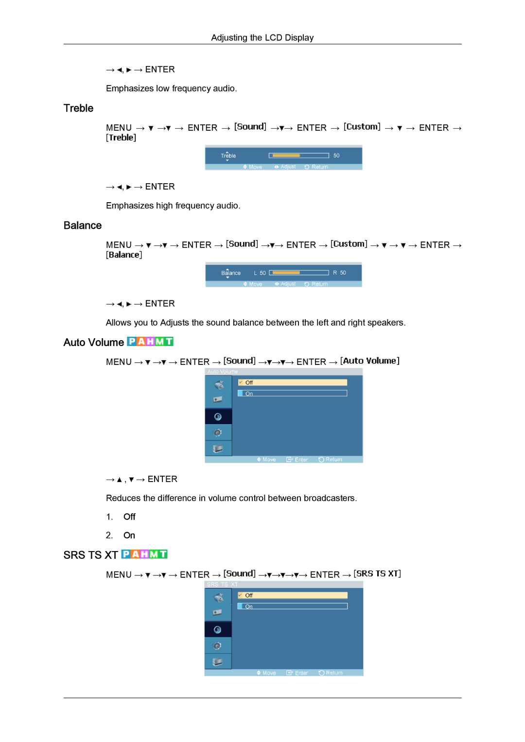 Samsung LH40MGPLBC/XV, LH40MGPPBC/EN, LH46MGPLBC/XJ, LH40MGTPBC/XJ, LH46MGTPBC/XJ, LH46MGTLBC/XJ Treble, Balance, Auto Volume 