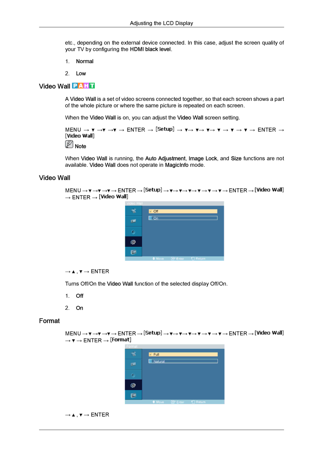 Samsung LH40MGTLBC/XY, LH40MGPPBC/EN, LH46MGPLBC/XJ, LH40MGTPBC/XJ, LH46MGTPBC/XJ manual Video Wall, Format, Normal Low 