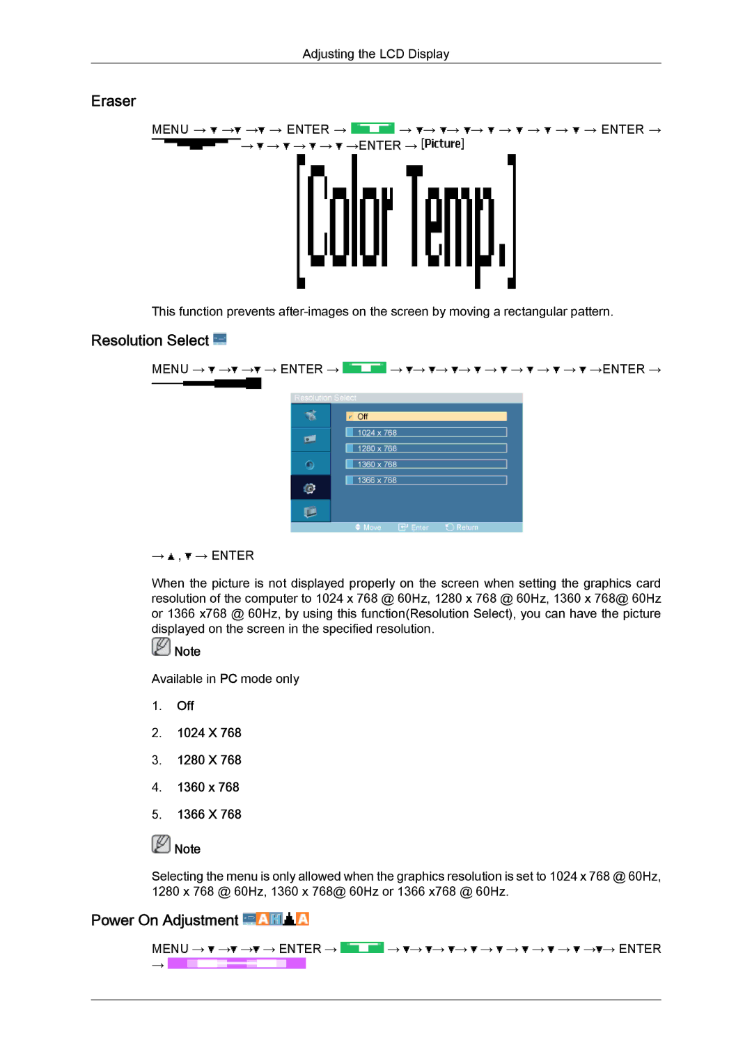 Samsung LH40MGTLBC/XJ, LH40MGPPBC/EN manual Eraser, Resolution Select, Power On Adjustment, Off 1024 X 1280 X 1360 x 1366 X 