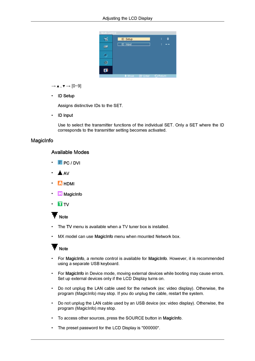 Samsung LH40MGTLBC/EN, LH40MGPPBC/EN, LH46MGPLBC/XJ, LH40MGTPBC/XJ manual MagicInfo Available Modes, ID Setup, ID Input 