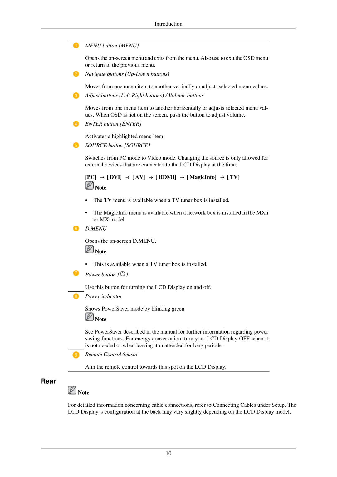 Samsung LH46MGTLBC/XJ, LH40MGPPBC/EN, LH46MGPLBC/XJ, LH40MGTPBC/XJ, LH46MGTPBC/XJ, LH40MGTLBC/XJ, LH40MGPLBC/XJ manual Rear, Menu 