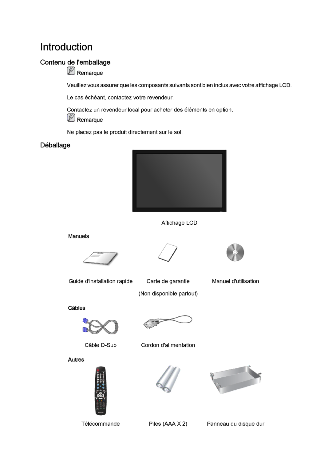 Samsung LH40MGPPBC/EN, LH46MGTLBC/EN, LH40MGTLBC/EN, LH40MGPLBC/EN Contenu de lemballage, Déballage, Manuels, Câbles, Autres 