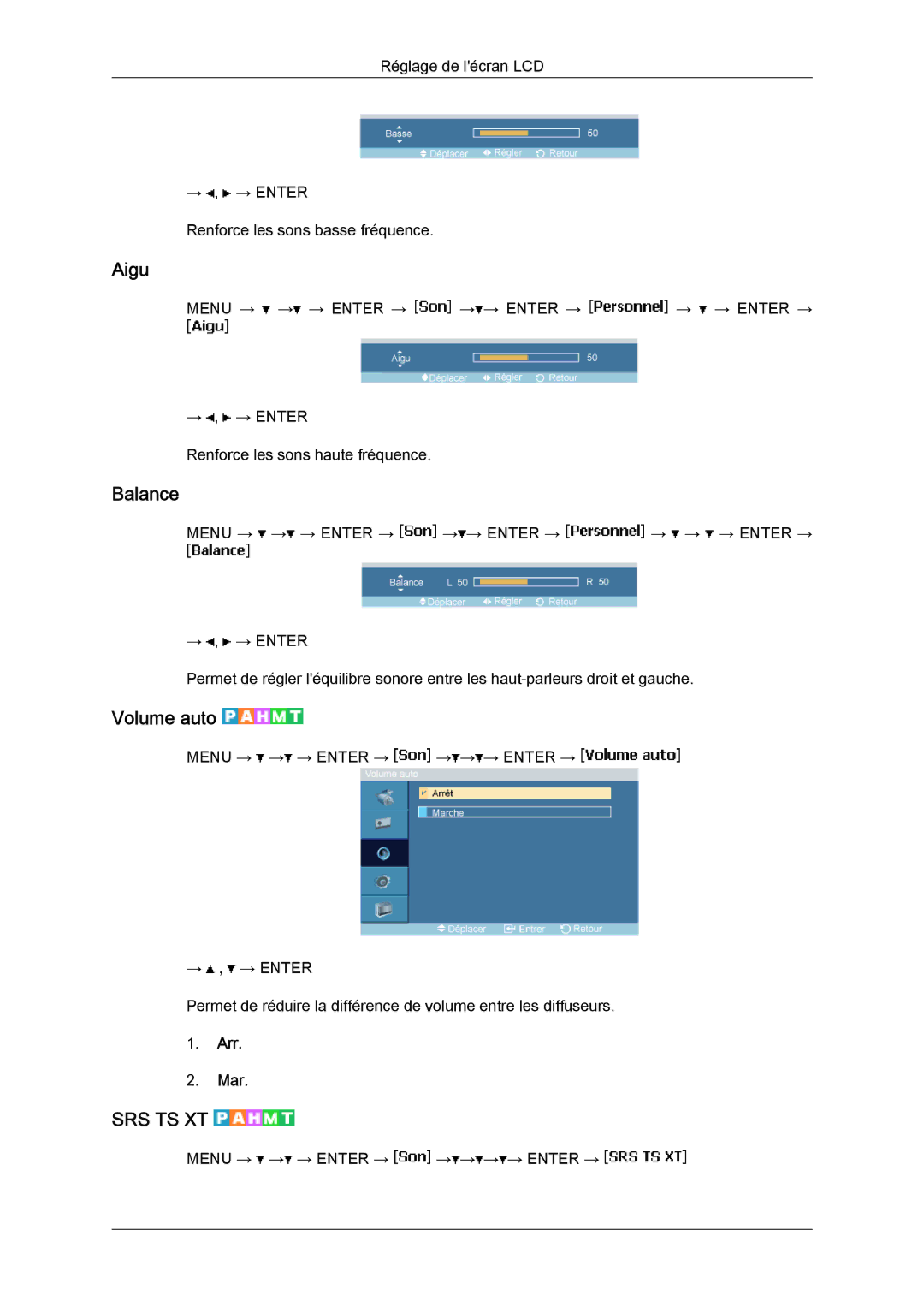 Samsung LH40MGPPBC/EN, LH46MGTLBC/EN, LH40MGTLBC/EN, LH40MGPLBC/EN, LH46MGPLBC/EN manual Aigu, Balance, Volume auto 