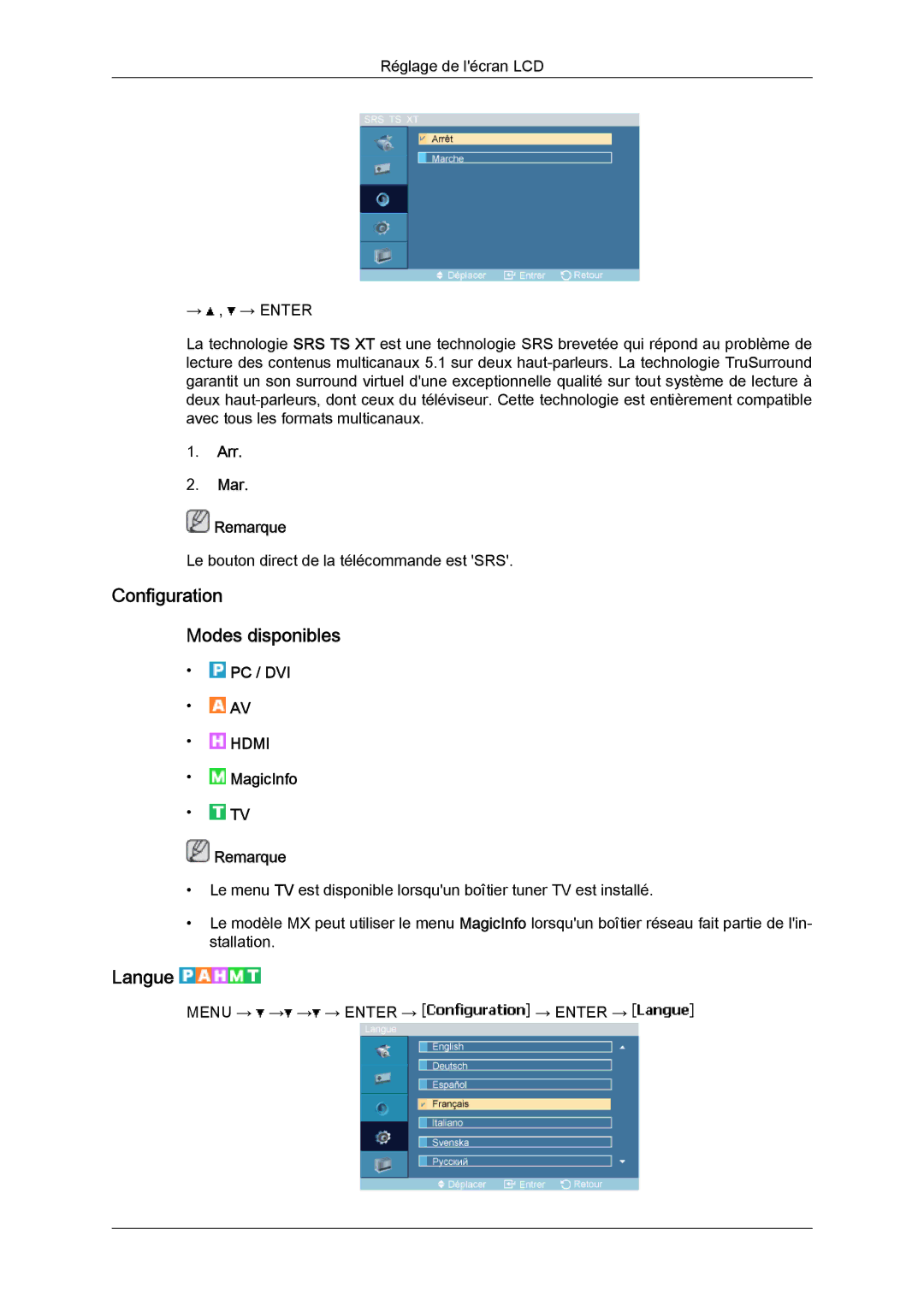 Samsung LH46MGTLBC/EN, LH40MGPPBC/EN, LH40MGTLBC/EN, LH40MGPLBC/EN Configuration Modes disponibles, Langue, Arr Mar Remarque 