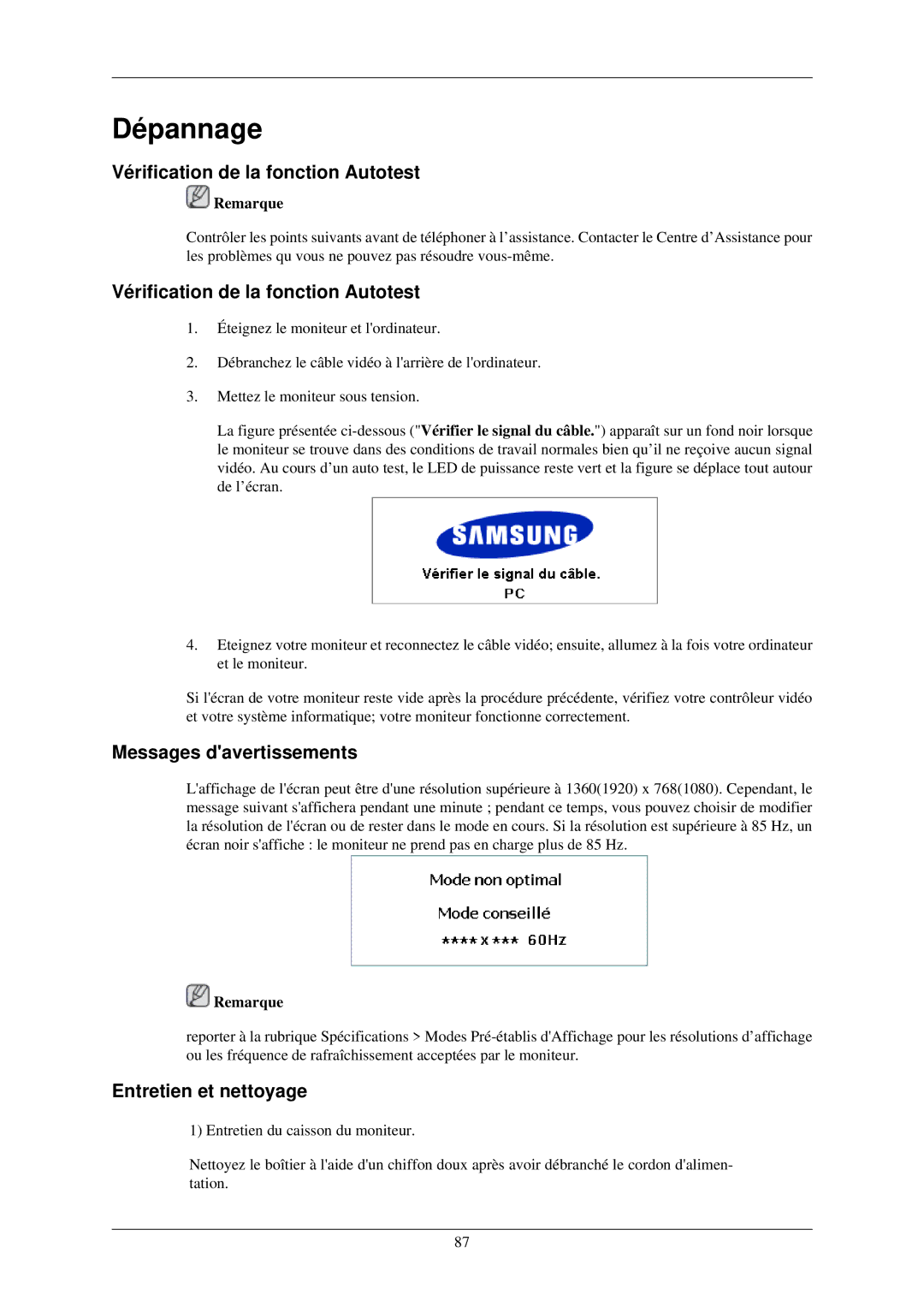 Samsung LH46MGTLBC/EN manual Vérification de la fonction Autotest, Messages davertissements, Entretien et nettoyage 