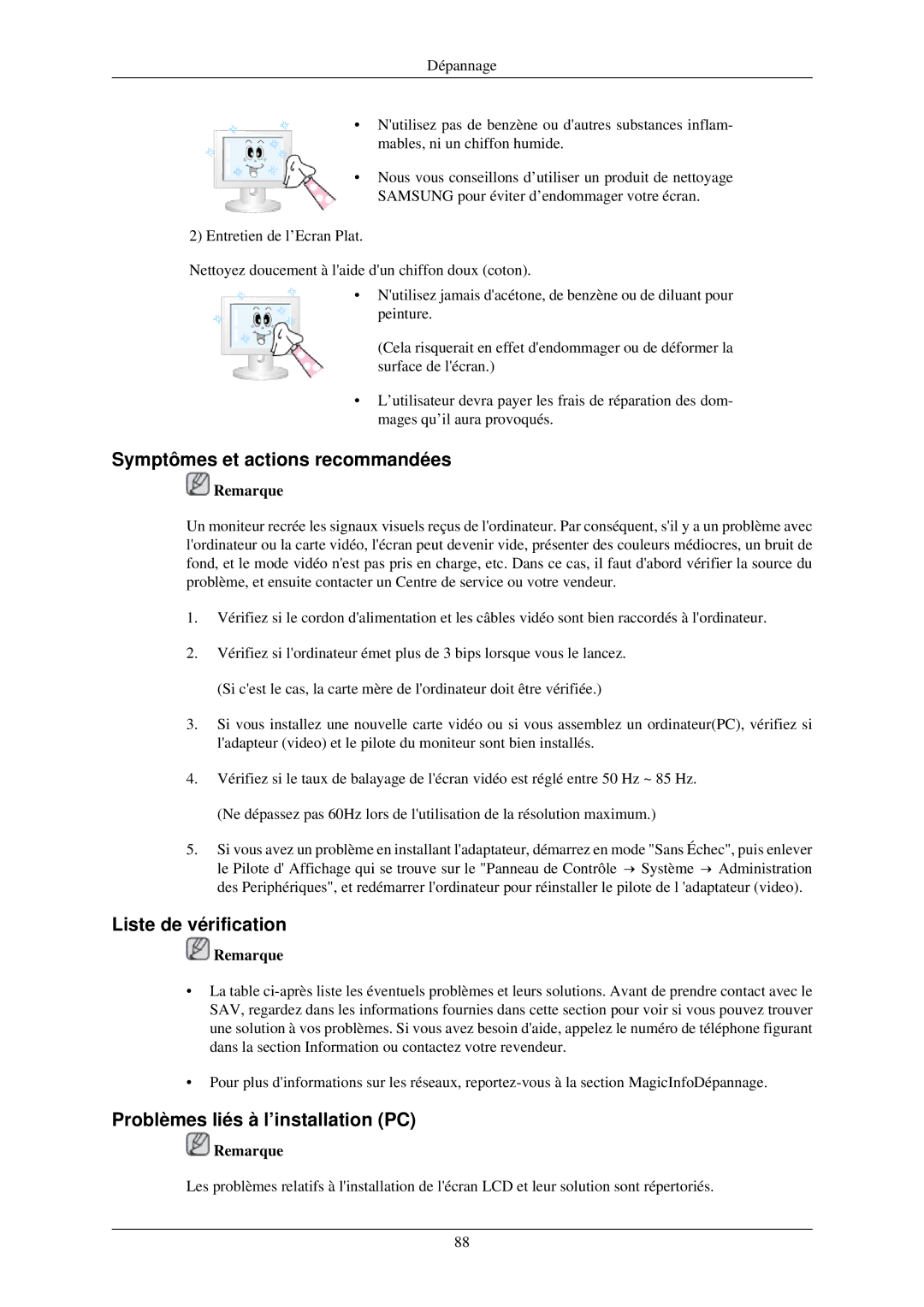 Samsung LH40MGTLBC/EN manual Symptômes et actions recommandées, Liste de vérification, Problèmes liés à l’installation PC 