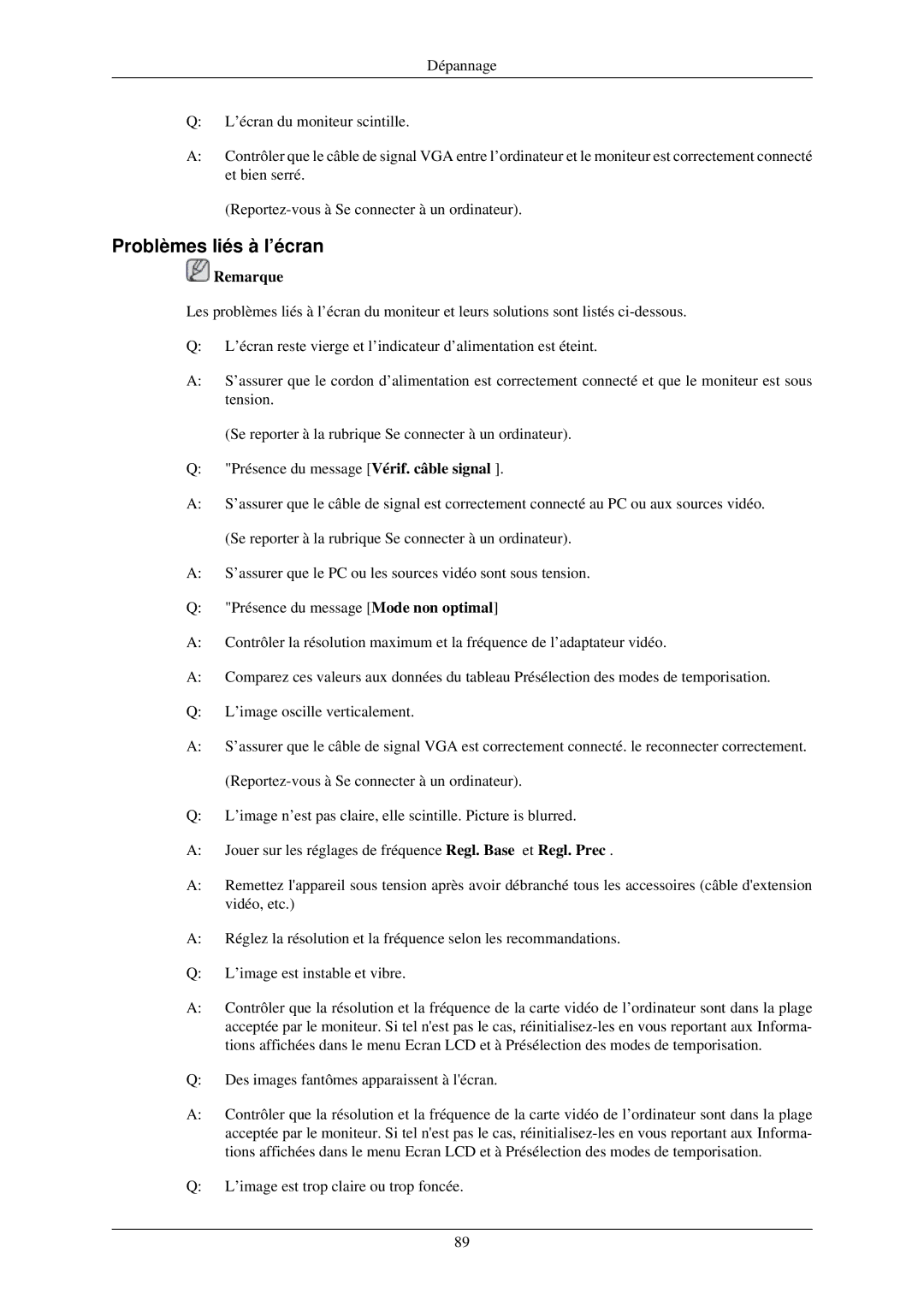 Samsung LH40MGPLBC/EN, LH40MGPPBC/EN, LH46MGTLBC/EN, LH40MGTLBC/EN, LH46MGPLBC/EN manual Problèmes liés à l’écran 