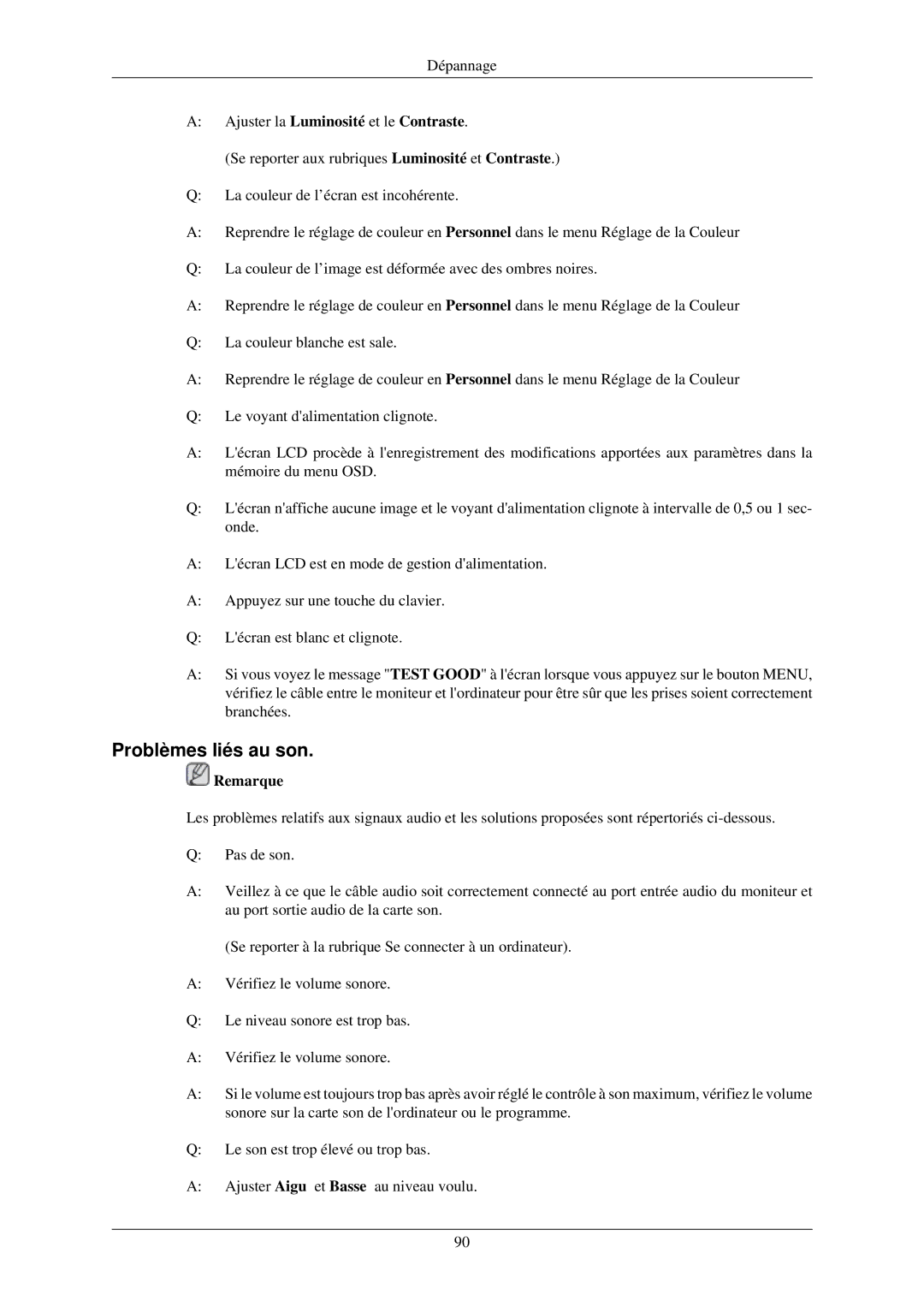 Samsung LH46MGPLBC/EN, LH40MGPPBC/EN, LH46MGTLBC/EN manual Problèmes liés au son, Ajuster la Luminosité et le Contraste 