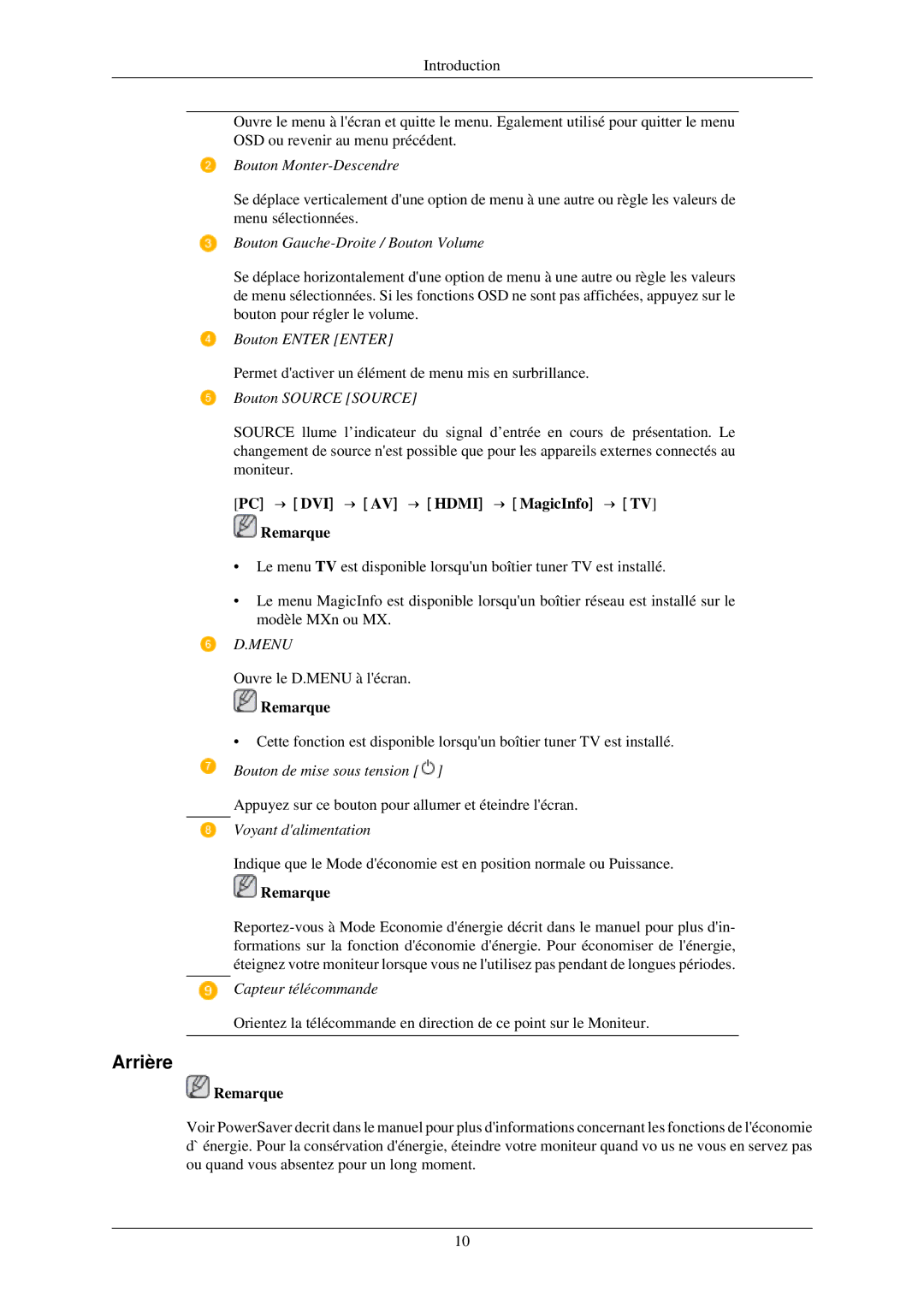 Samsung LH46MGPLBC/EN, LH40MGPPBC/EN, LH46MGTLBC/EN, LH40MGTLBC/EN, LH40MGPLBC/EN manual Arrière, Menu 