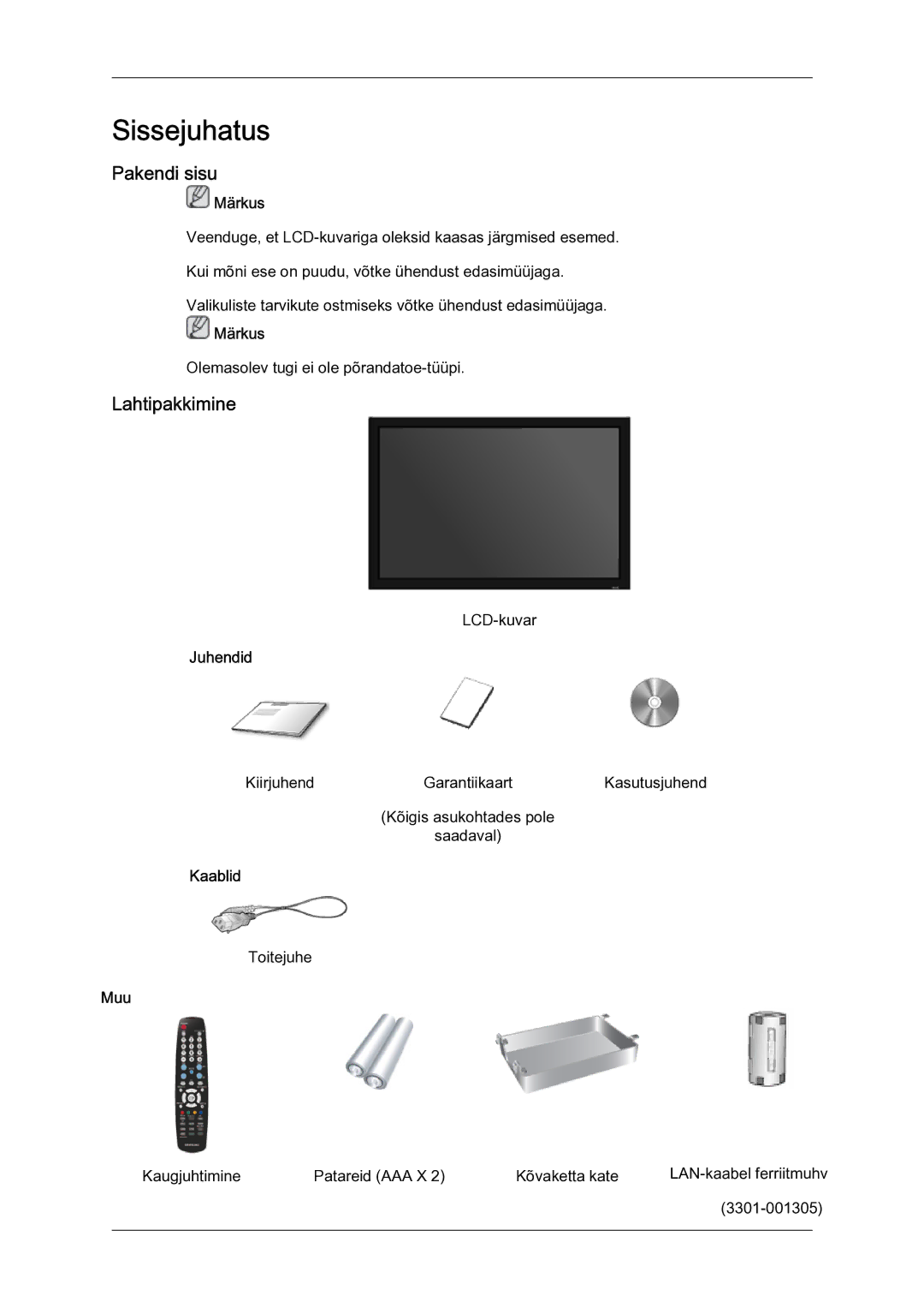 Samsung LH40MGQLBC/EN manual Pakendi sisu, Lahtipakkimine, Juhendid, Kaablid, Muu 