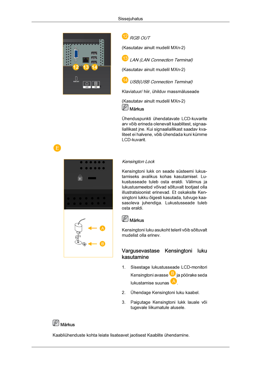 Samsung LH40MGQLBC/EN manual Vargusevastase Kensingtoni luku kasutamine, Rgb Out 