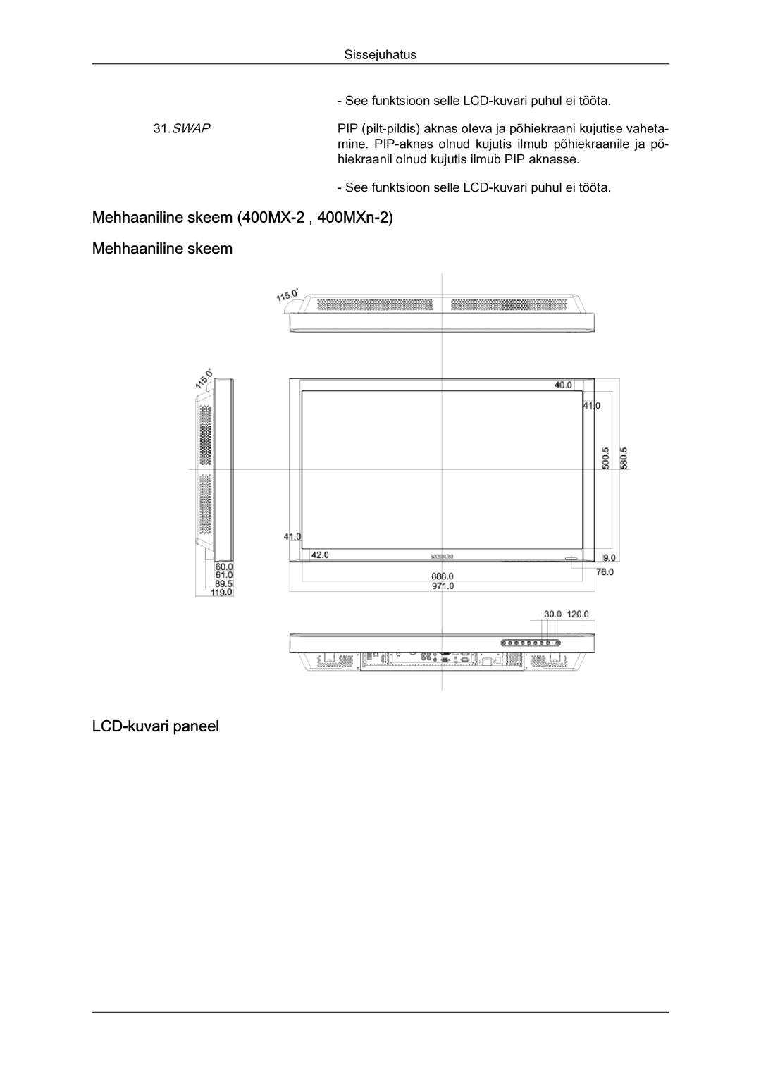 Samsung LH40MGQLBC/EN manual Mehhaaniline skeem 400MX-2 , 400MXn-2 LCD-kuvari paneel, Swap 