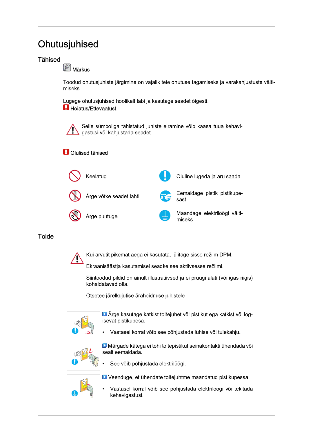 Samsung LH40MGQLBC/EN manual Tähised, Toide, Märkus, Hoiatus/Ettevaatust, Olulised tähised 