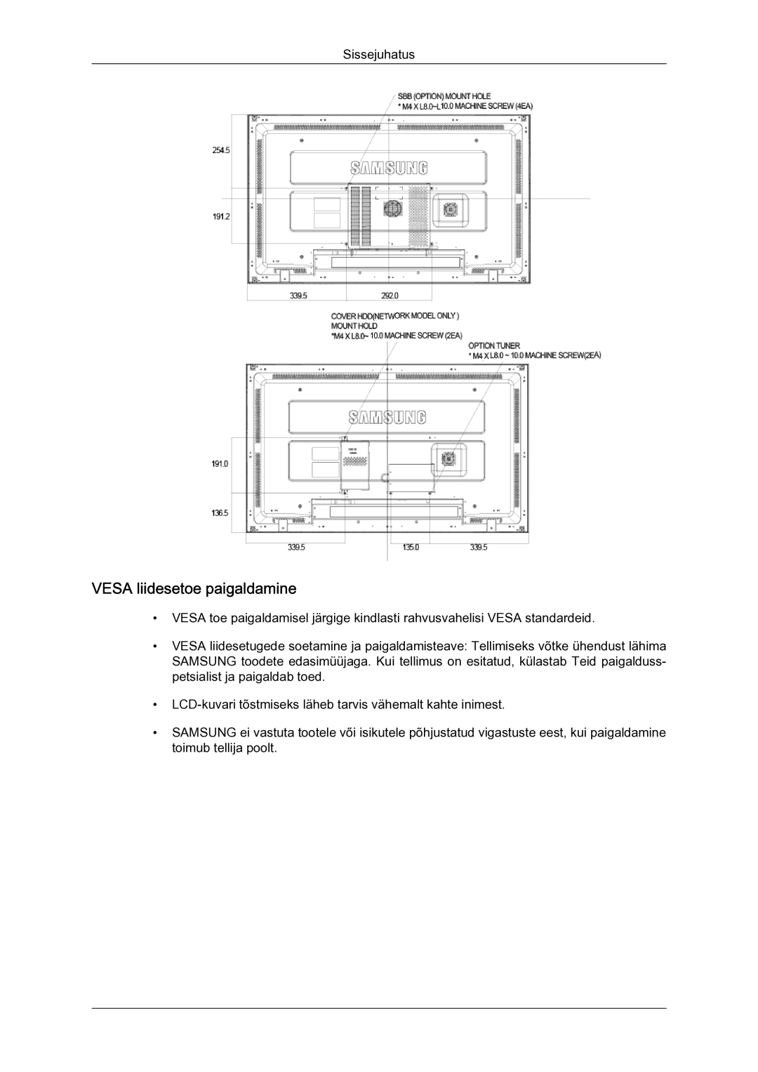 Samsung LH40MGQLBC/EN manual Vesa liidesetoe paigaldamine 