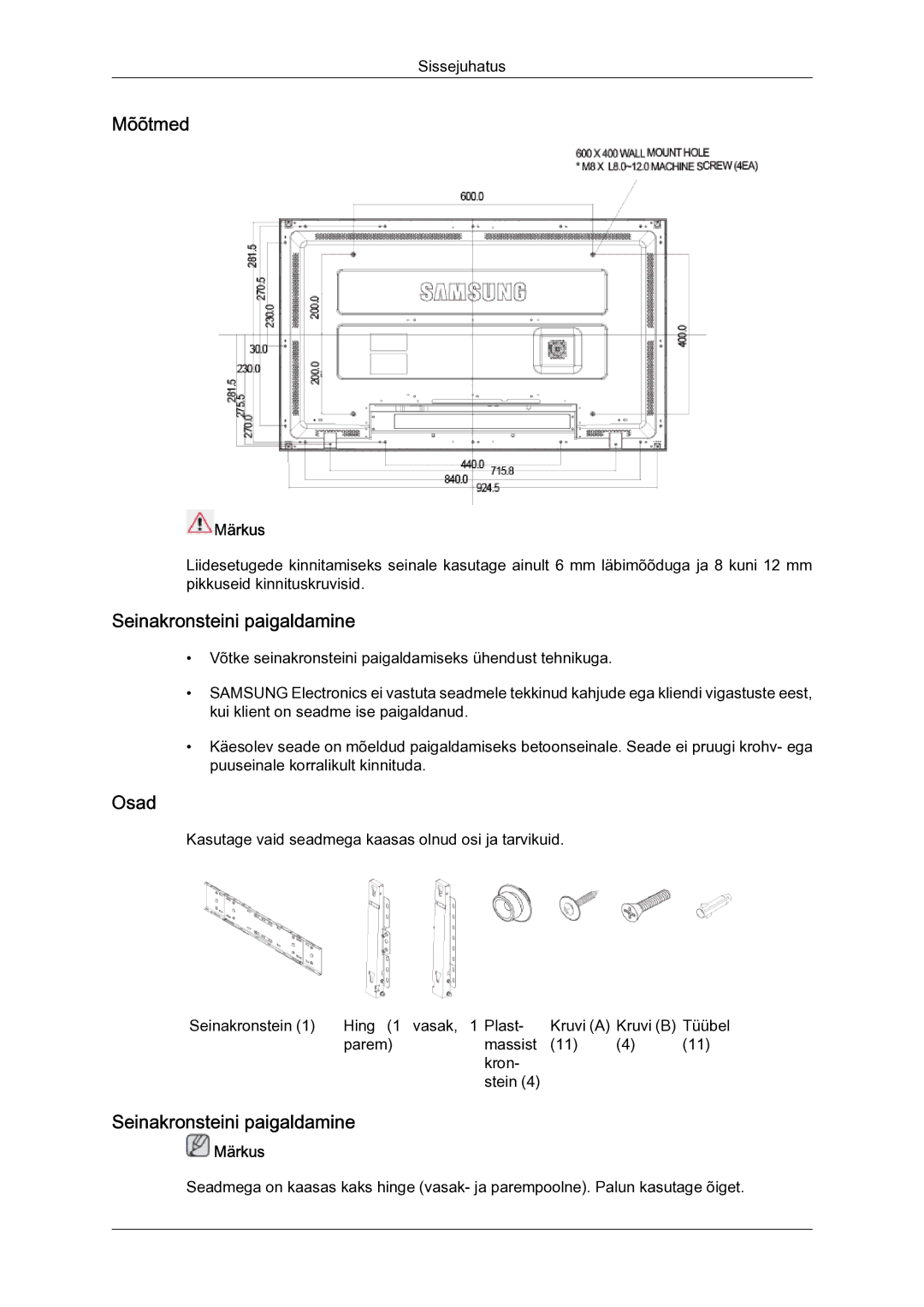 Samsung LH40MGQLBC/EN manual Mõõtmed, Seinakronsteini paigaldamine, Osad 