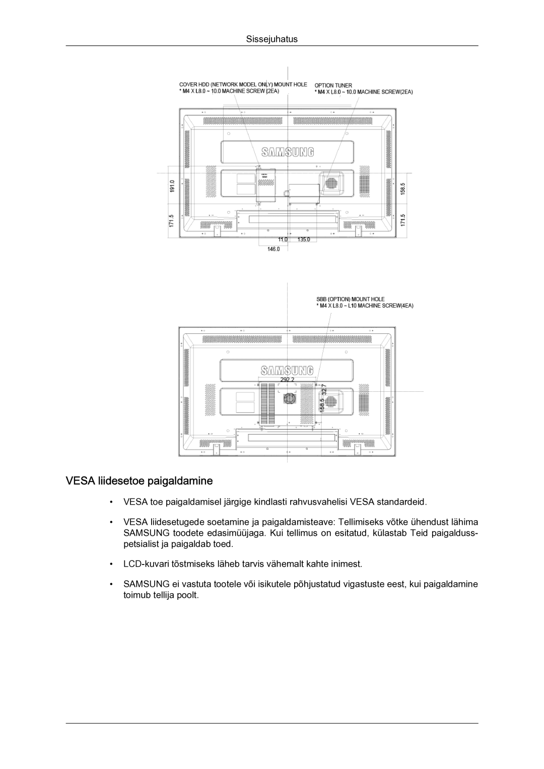 Samsung LH40MGQLBC/EN manual Vesa liidesetoe paigaldamine 