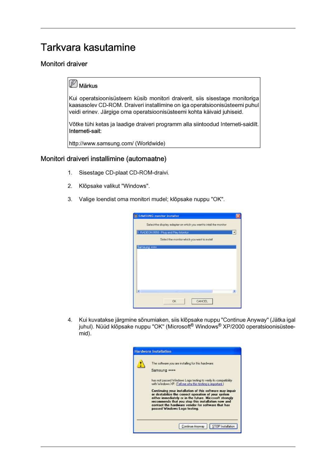 Samsung LH40MGQLBC/EN manual Monitori draiveri installimine automaatne, Interneti-sait 