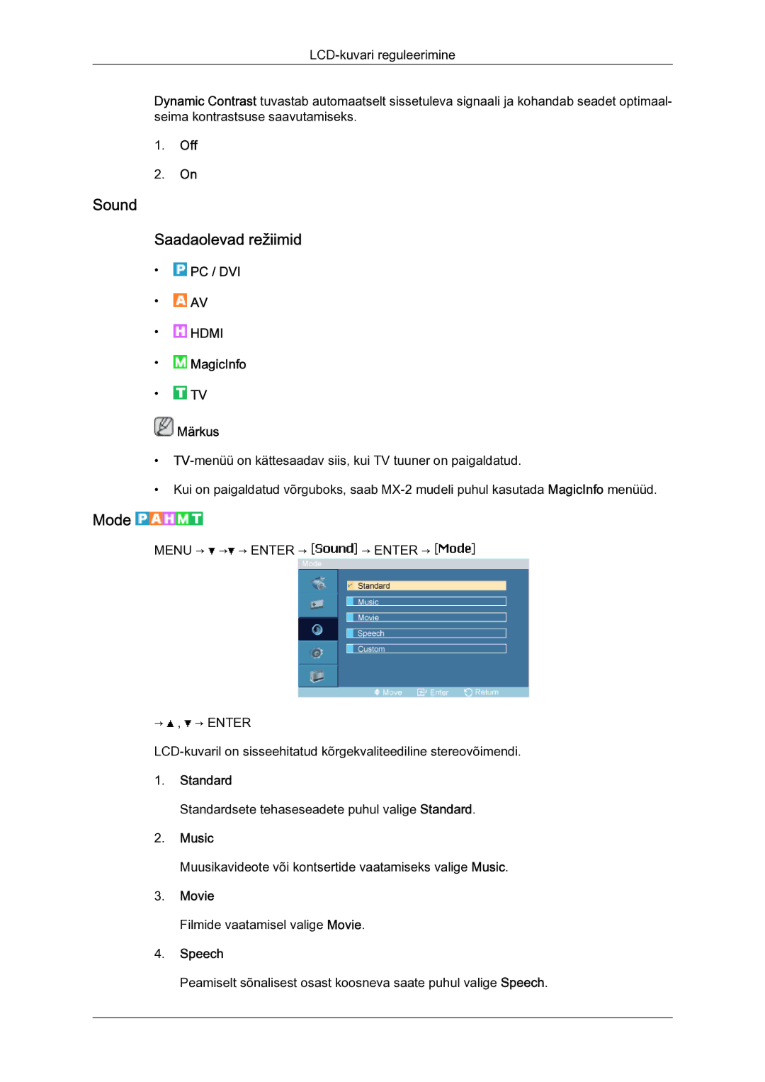 Samsung LH40MGQLBC/EN manual Sound Saadaolevad režiimid, Music, Speech 