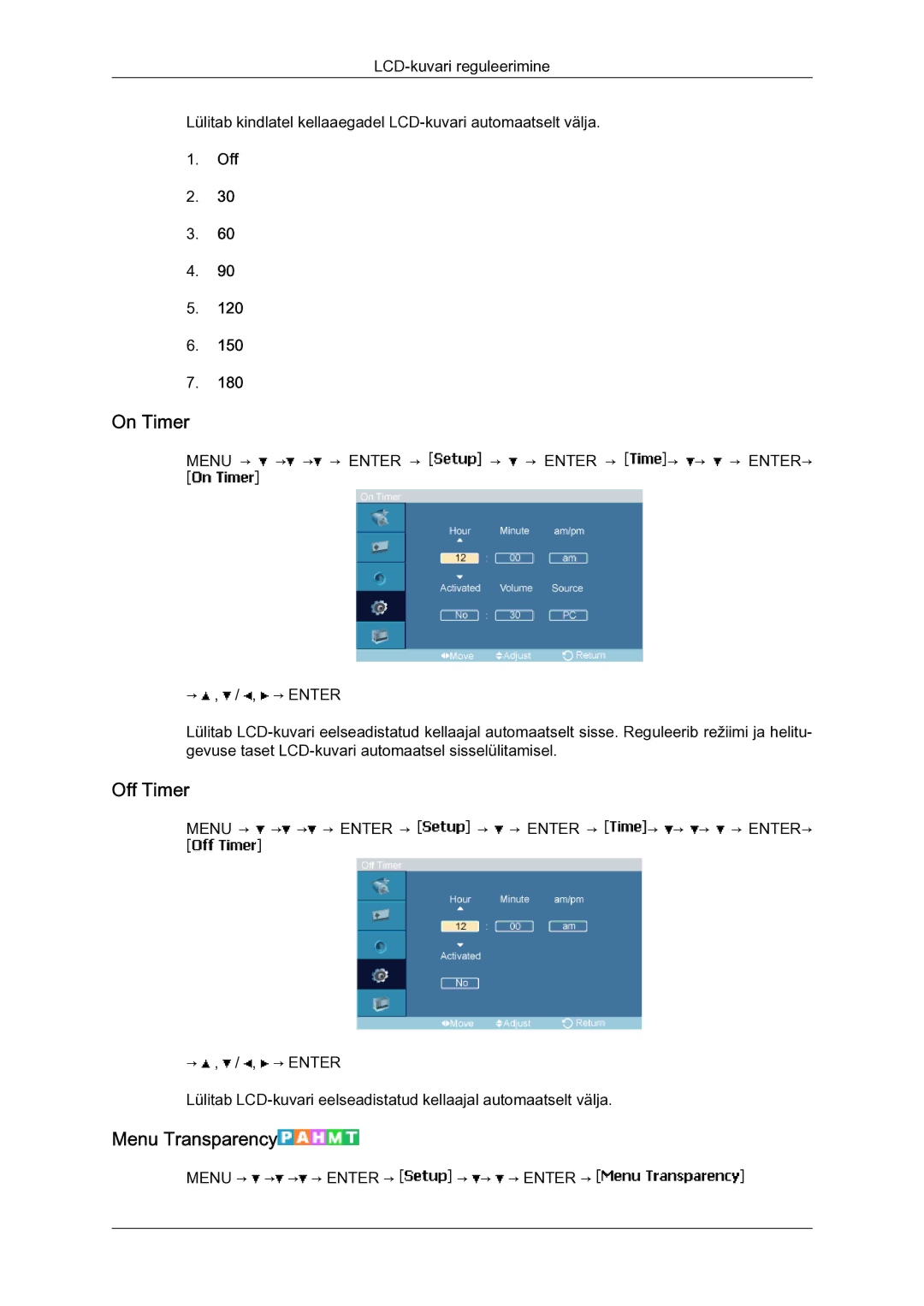 Samsung LH40MGQLBC/EN manual On Timer, Off Timer, Menu Transparency 