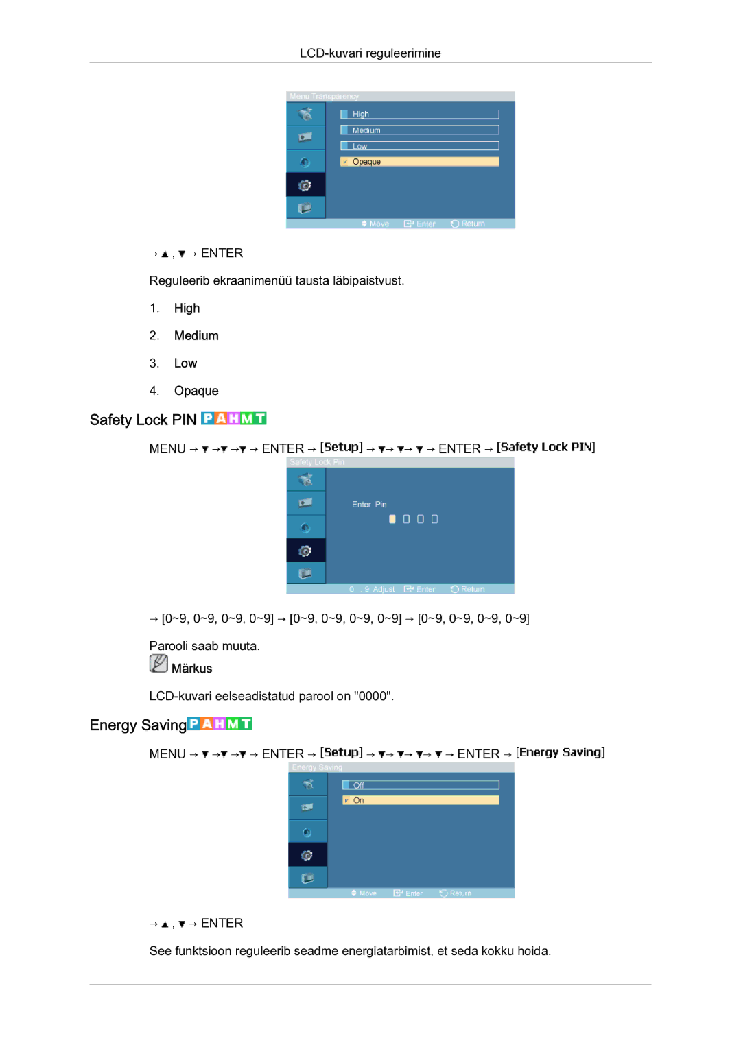 Samsung LH40MGQLBC/EN manual Safety Lock PIN, Energy Saving, High Medium Low Opaque 