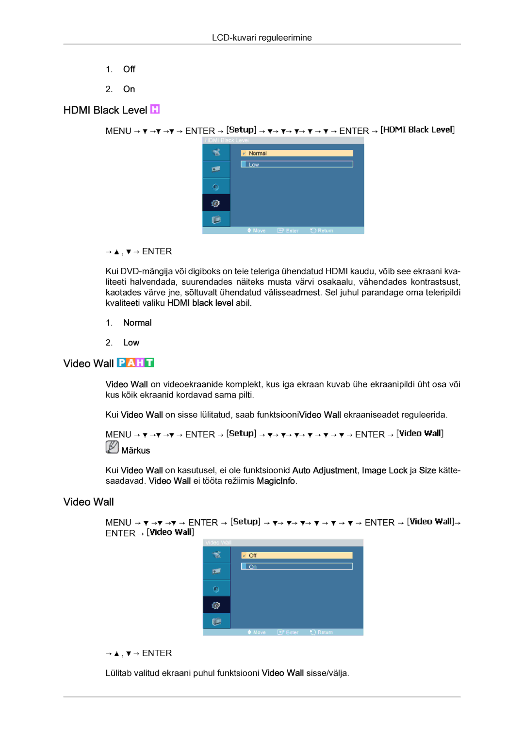 Samsung LH40MGQLBC/EN manual Hdmi Black Level, Video Wall, Normal Low 