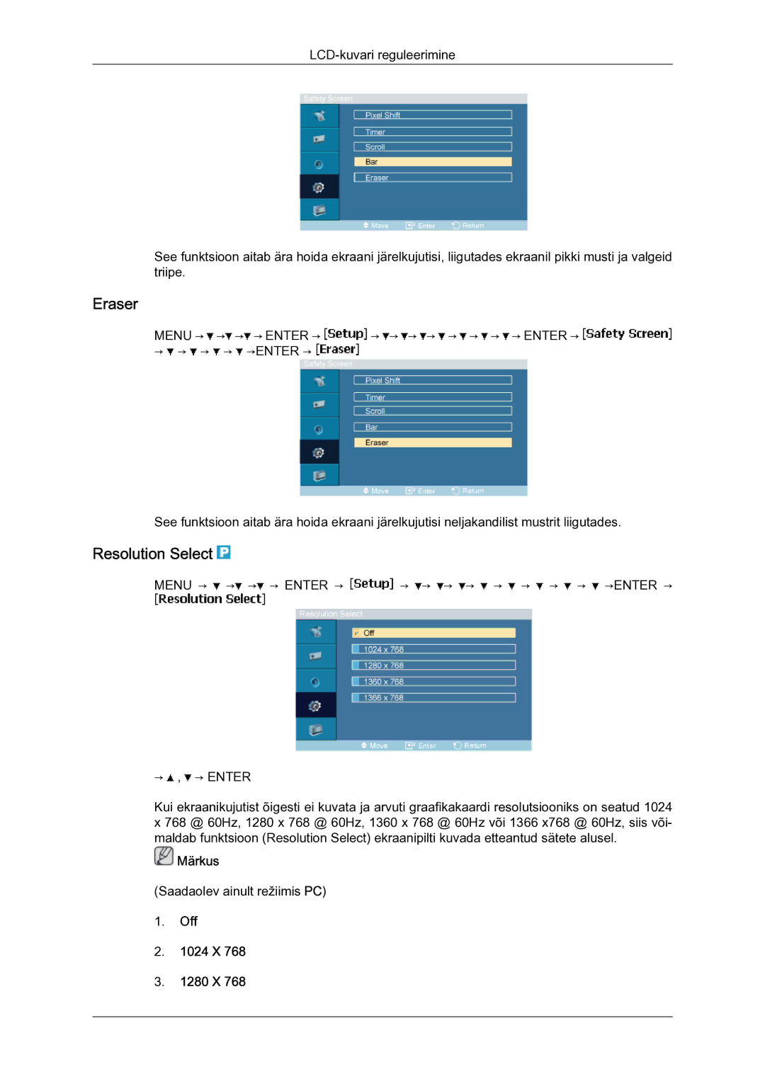 Samsung LH40MGQLBC/EN manual Eraser, Resolution Select, Off 1024 X 1280 X 