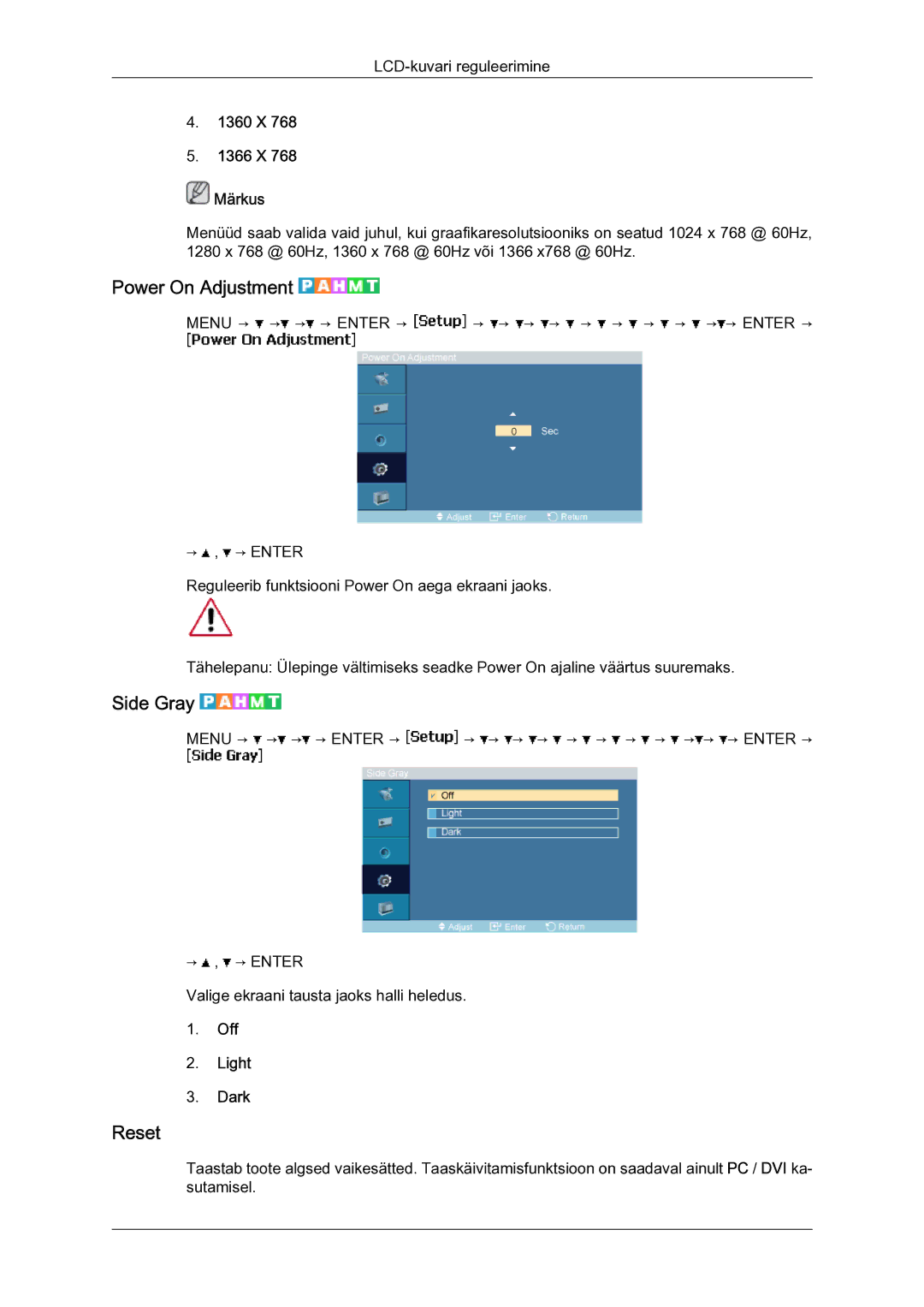 Samsung LH40MGQLBC/EN manual Power On Adjustment, Side Gray, Reset, 1360 X 1366 X Märkus, Off Light Dark 