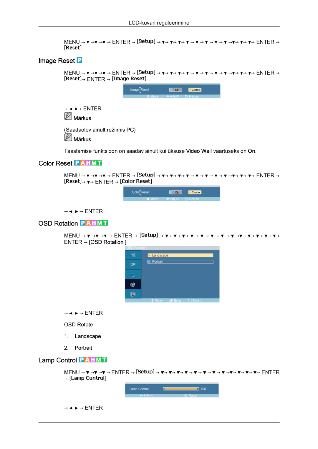 Samsung LH40MGQLBC/EN manual Image Reset, Color Reset, OSD Rotation, Lamp Control, Landscape Portrait 