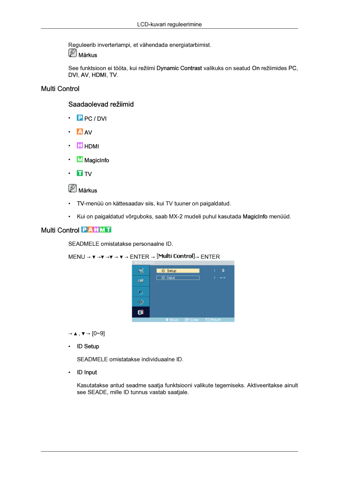 Samsung LH40MGQLBC/EN manual Multi Control Saadaolevad režiimid, MagicInfo Saadaolevad režiimid, ID Setup, ID Input 