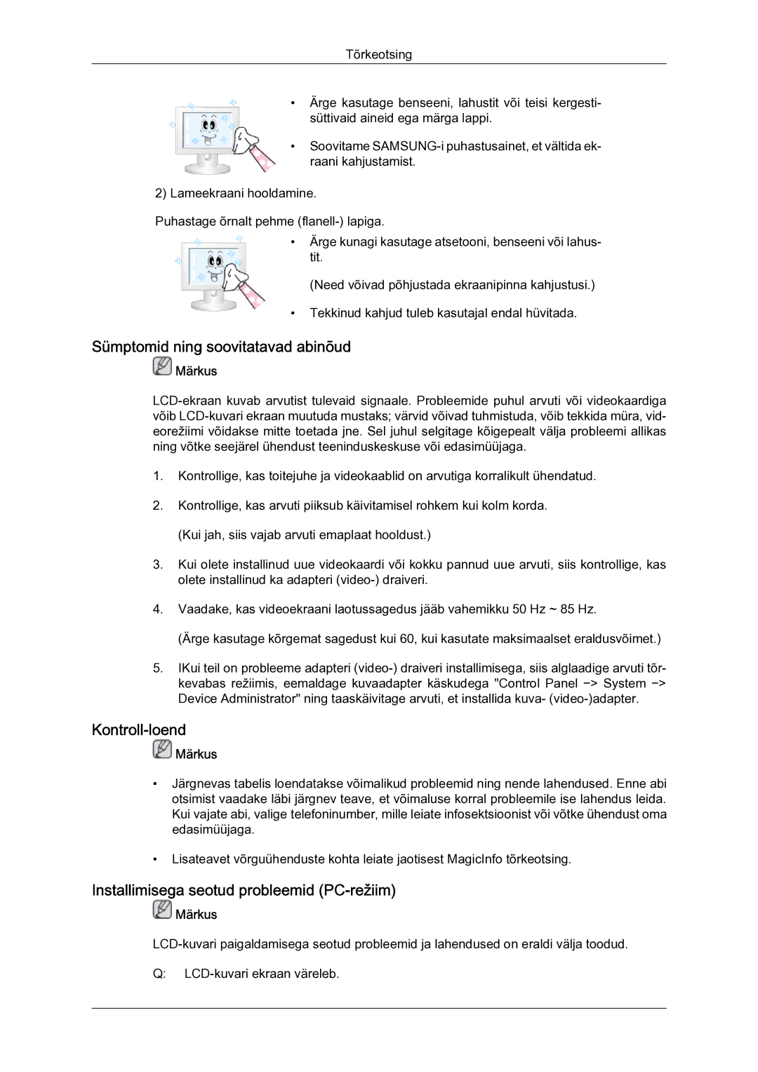 Samsung LH40MGQLBC/EN Sümptomid ning soovitatavad abinõud, Kontroll-loend, Installimisega seotud probleemid PC-režiim 