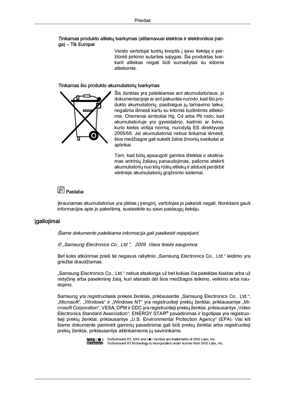 Samsung LH40MGQLBC/EN manual Įgaliojimai, Tinkamas šio produkto akumuliatorių tvarkymas 