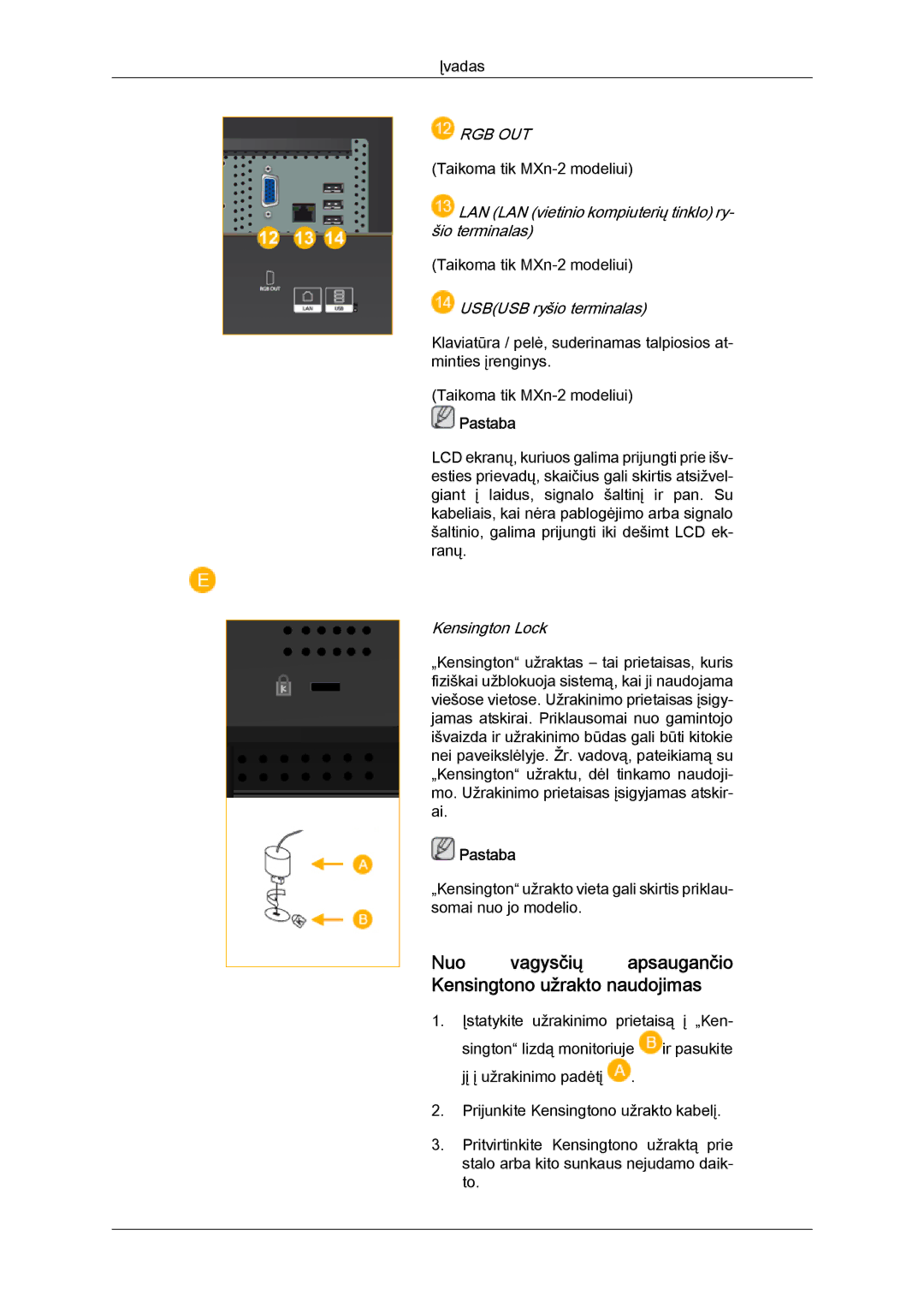 Samsung LH40MGQLBC/EN manual Nuo vagysčių apsaugančio Kensingtono užrakto naudojimas, Rgb Out 