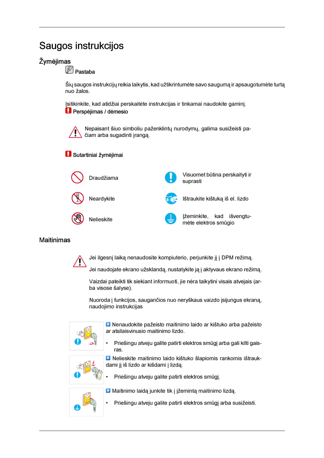 Samsung LH40MGQLBC/EN manual Žymėjimas, Maitinimas, Pastaba, Perspėjimas / dėmesio, Sutartiniai žymėjimai 