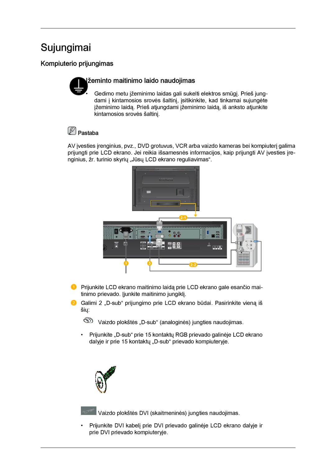 Samsung LH40MGQLBC/EN manual Sujungimai, Kompiuterio prijungimas Įžeminto maitinimo laido naudojimas 