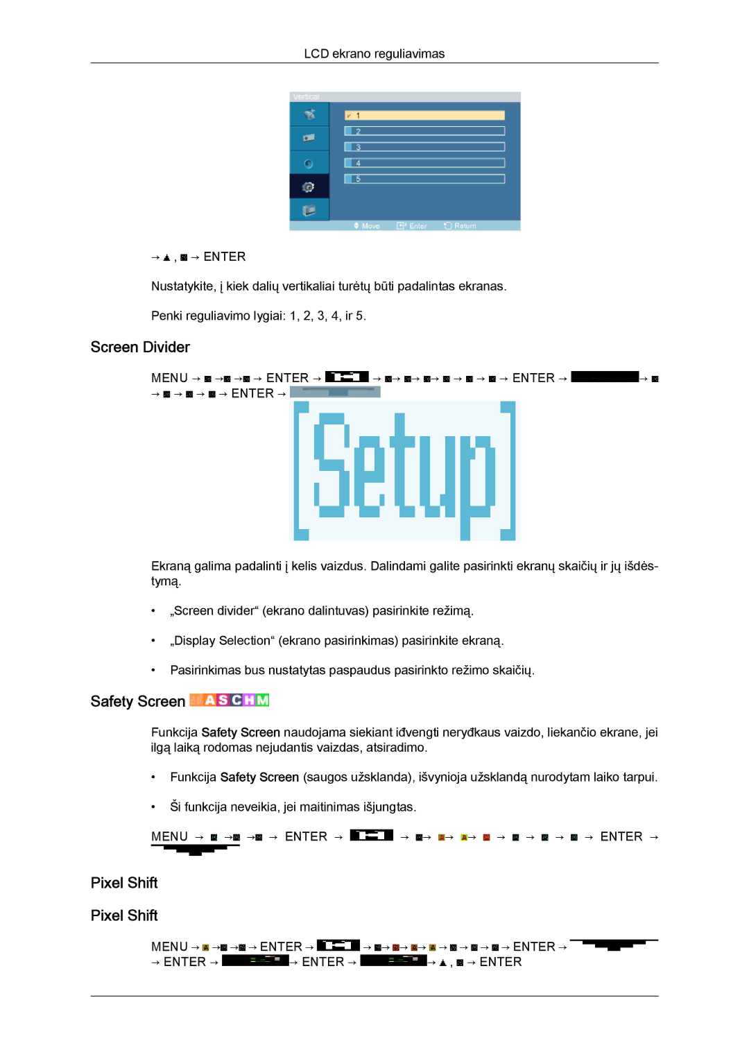Samsung LH40MGQLBC/EN manual Screen Divider, Safety Screen, Pixel Shift 