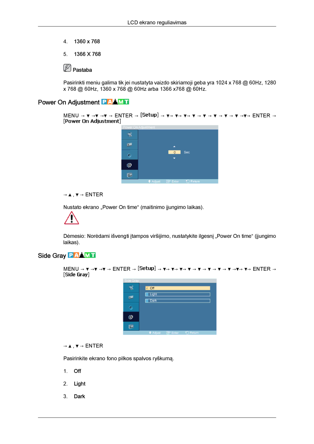 Samsung LH40MGQLBC/EN manual Power On Adjustment, Side Gray, 1360 x 1366 X Pastaba, Off Light Dark 
